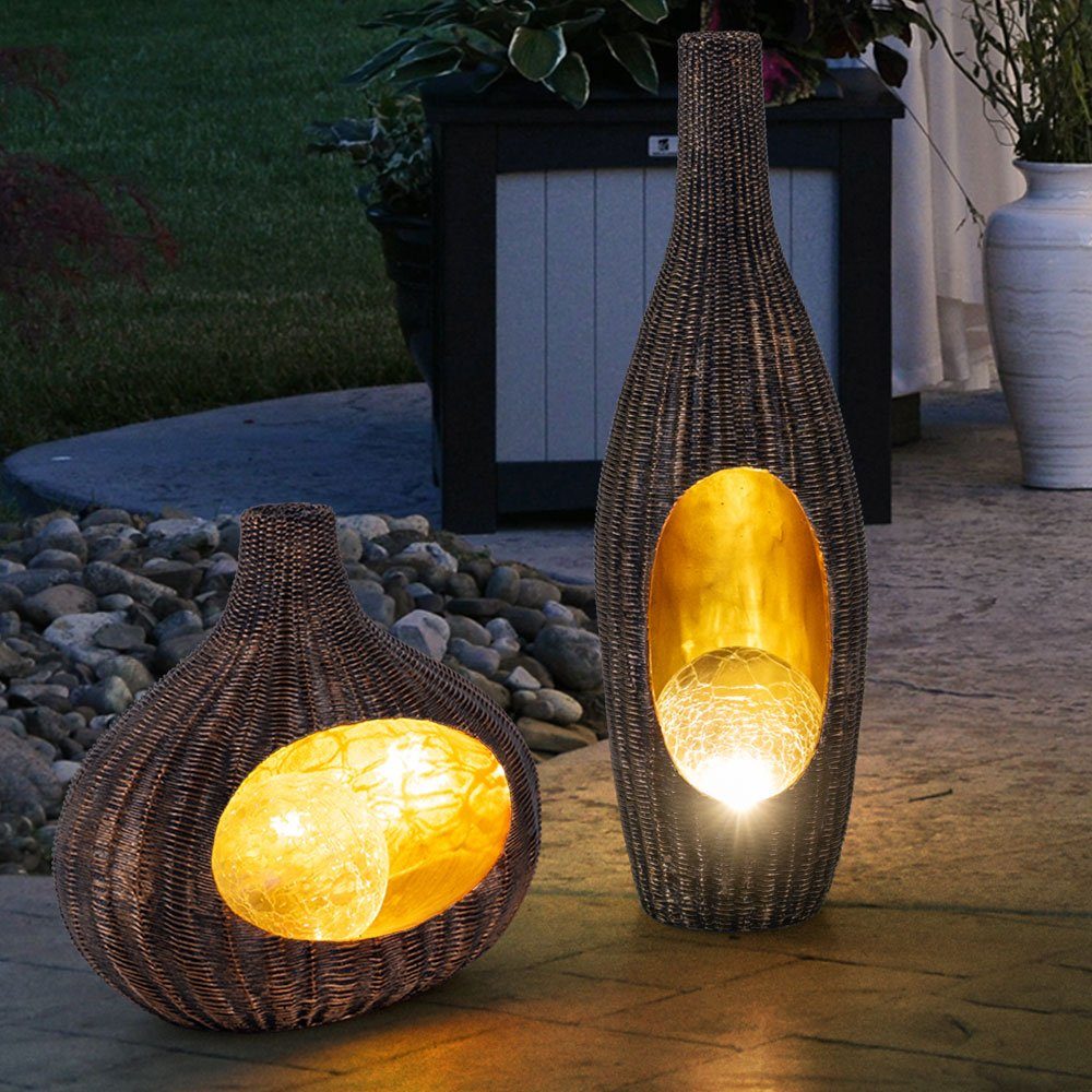 etc-shop Gartenleuchte, LED-Leuchtmittel fest verbaut, Warmweiß, Solarleuchte Rattan-Optik Solarleuchte Gartendeko für Außen Deko