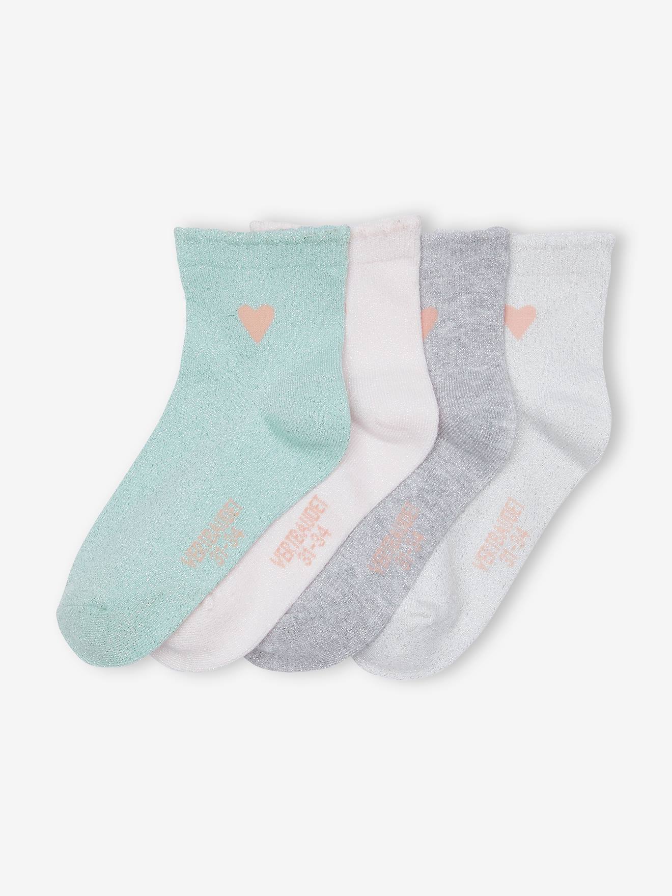Lot de 4 paires de mi-chaussettes brodées coeur scintillant fille rose poudré