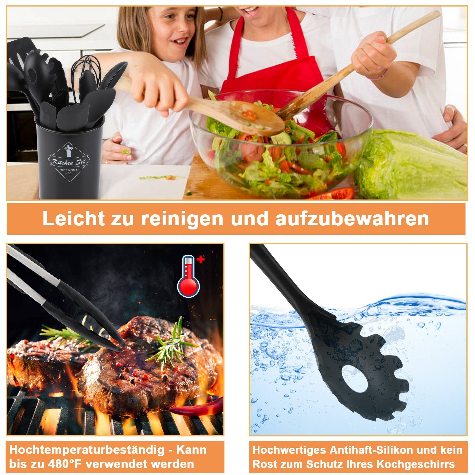 Lospitch Kochbesteck-Set 12 tlg Küchenhelfer Set, Küchenzubehör Kochgeschirr Set aus silikon (Set, 12-tlg), Mit Haken