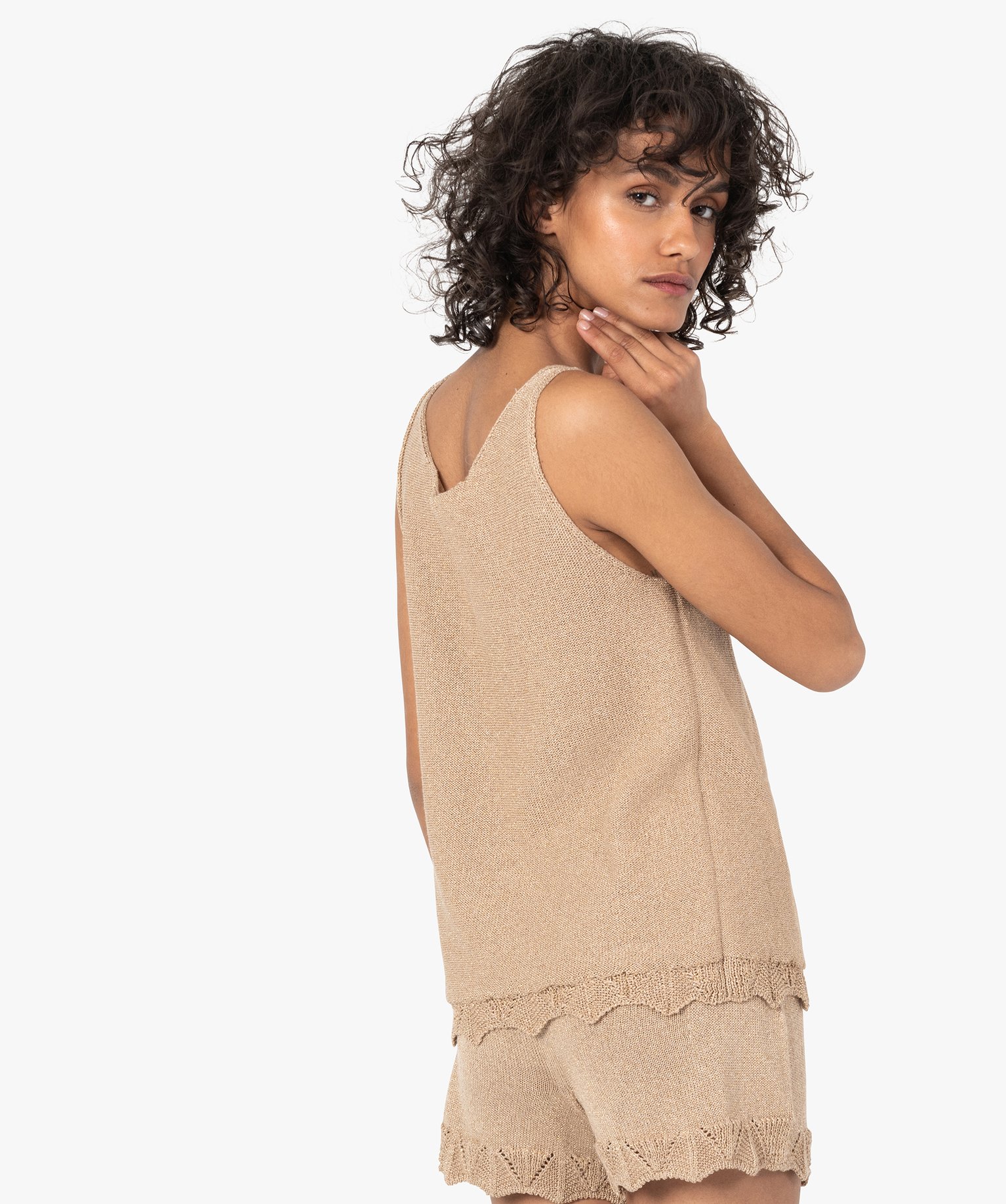 Débardeur femme pailleté en maille 3D innovante beige | GEMO