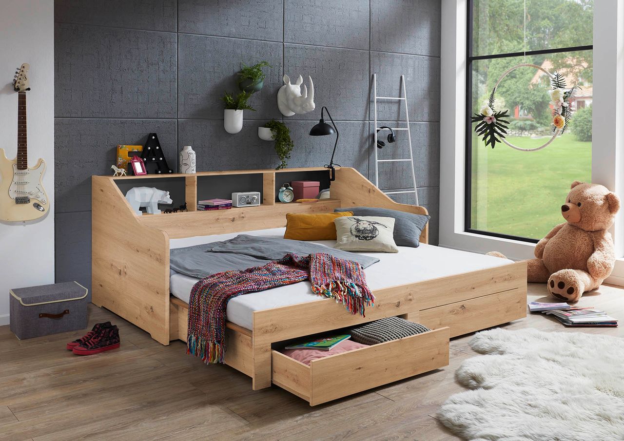 Relita Funktionsbett RENE von 90 auf 180 x 200 cm ausziehbar, mit 2 Schublade & Regal, Ausf. Eiche Artisan Dekor