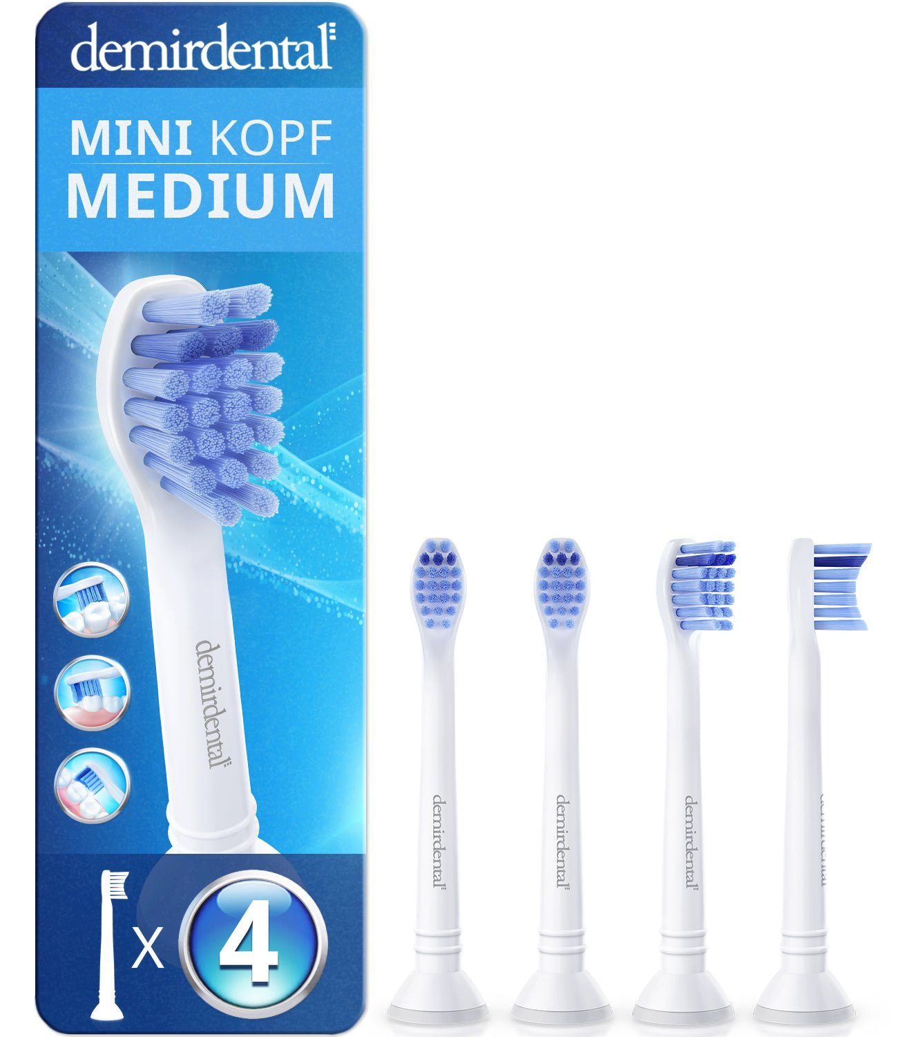 demirdental Aufsteckbürsten passend für Philips Sonicare Ersatzbürsten, Mini, Medium, Weiß, HX6024/HX6028