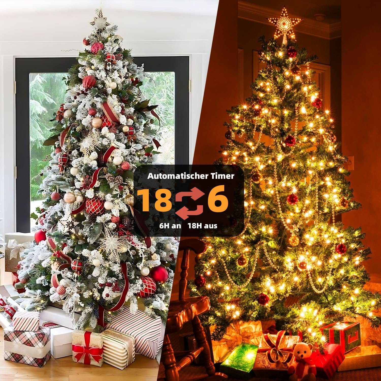 Elegear LED-Lichterkette 40M 300 LEDs Lichterkette für Weihanchtsbaum, 300-flammig, Weihnachtsdeko mit Batterie, Timer, 8 Modi
