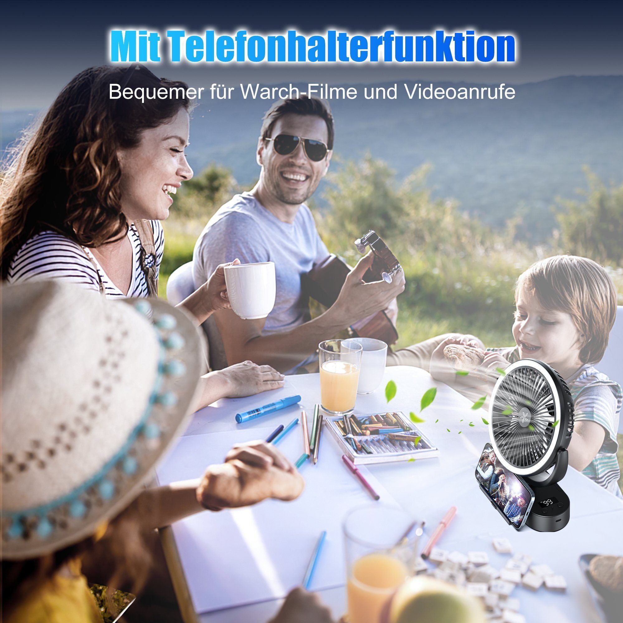 Mutoy Mini USB-Ventilator Tischventilator Mini Ventilator 10000mAh, Tragbarer Mit Fernbedienung, 3 Speeds, Leise 270°Drehung für Auto Schlafzimmer Büro Camping Outdoor