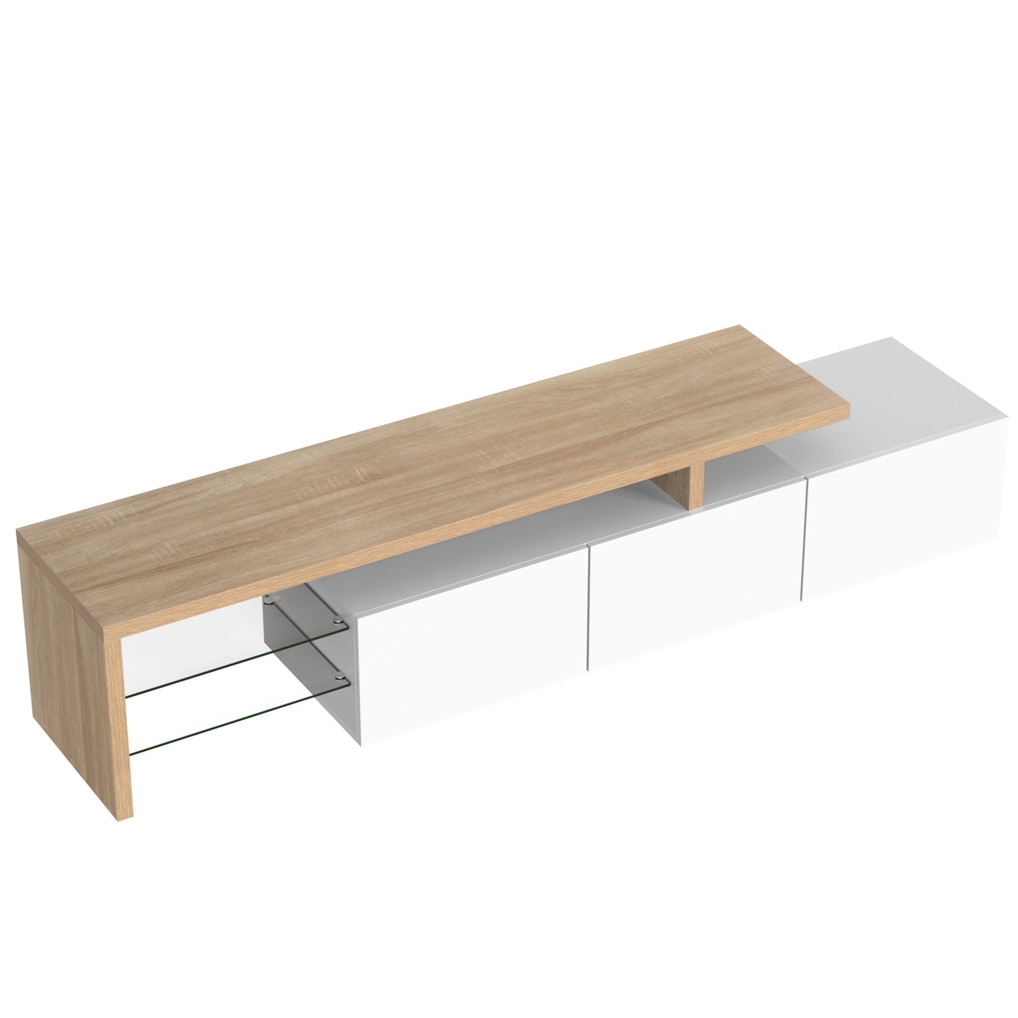 Merax Lowboard, mit Glasablgen und LED-Beleuchtung, Fernsehtisch Hochglanz, TV-Schrank