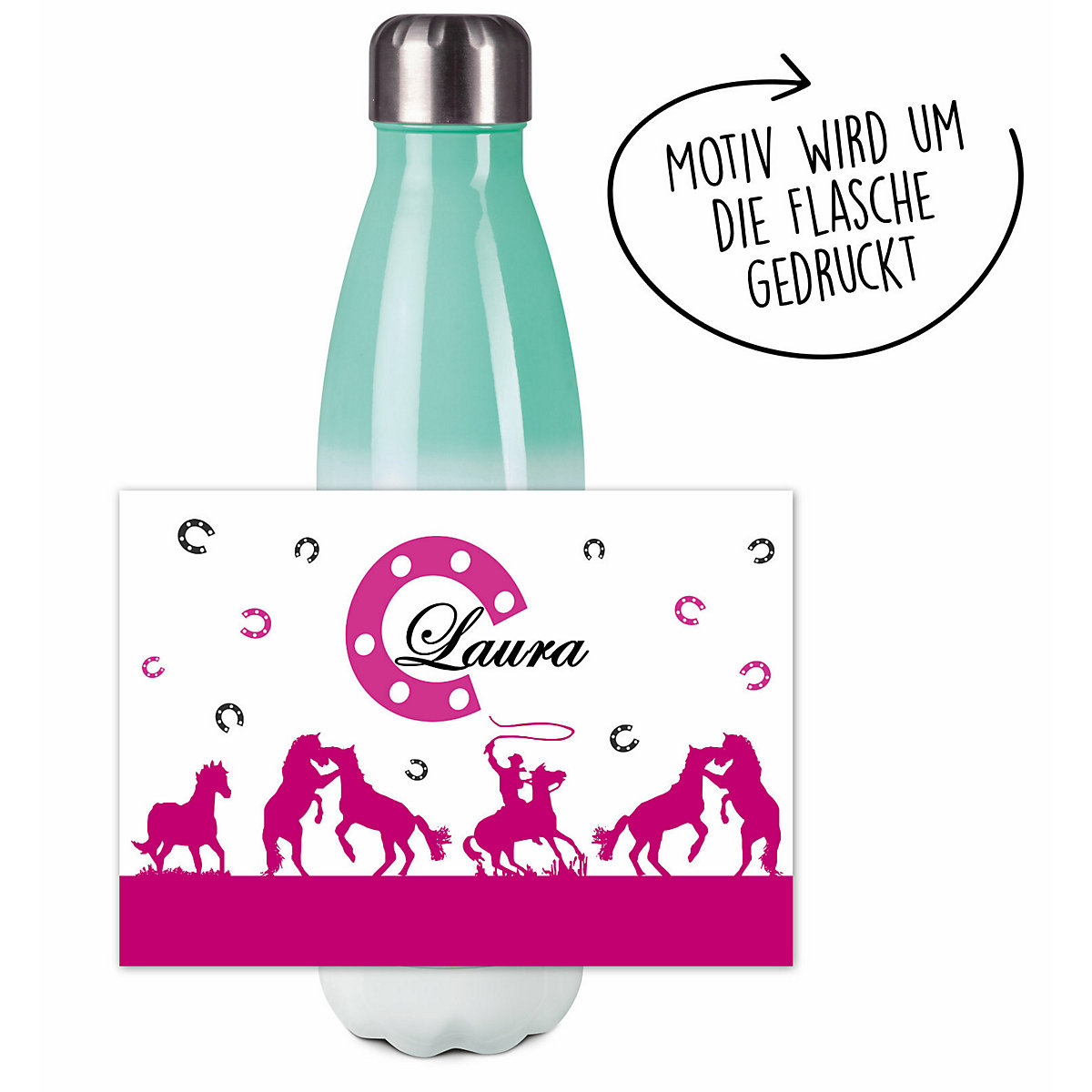 Edelstahl Kinder Thermoflasche / Trinkflasche bunt Cowboy Pferde Farbe pink Spülmaschinenfest, Auslaufsicher, Bruchfest, Doppelwandig, Für Heißgetränke geeignet, Mit Deckel, Isoliert