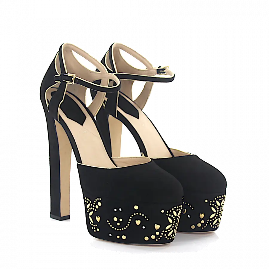Elie Saab - Plateaupumps Kristallverzierung Nieten Schmuckstein schwarz gold - schwarz