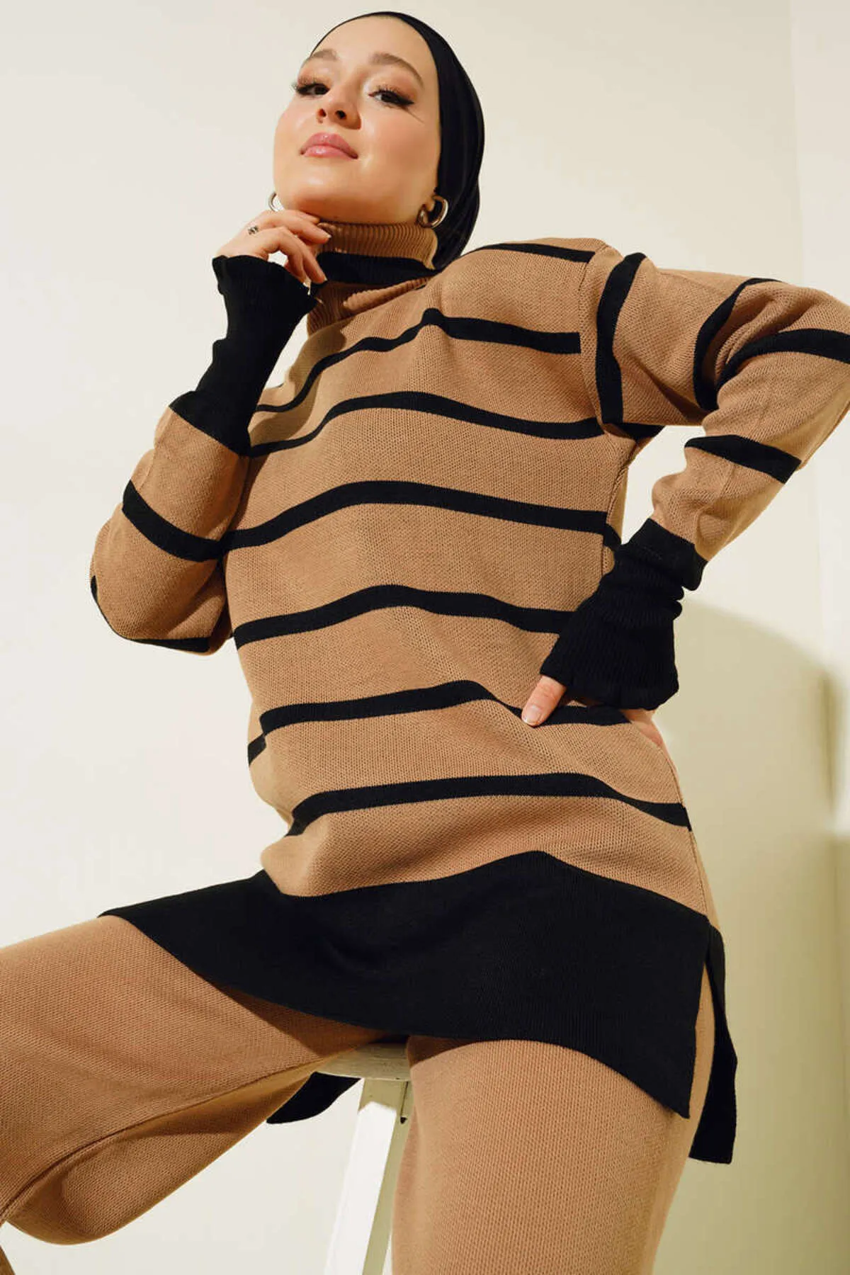 benguen  5112 Rollkragenpullover, gestreiftes Strick-Doppelset, Nerz