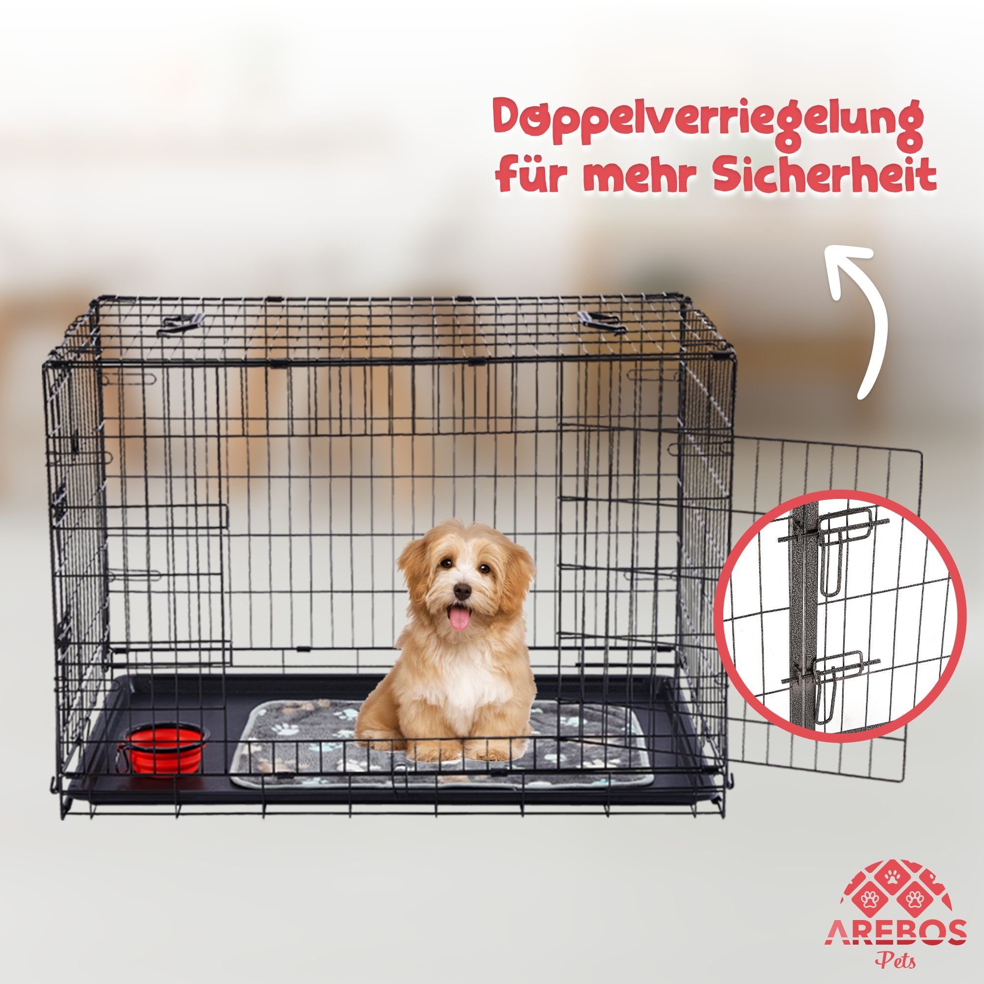 Arebos Hunde-Transportbox Hundekäfig Haustierkäfig Gitterbox klappbar S-M-L-XL bis 11,00 kg, Kuscheldecke