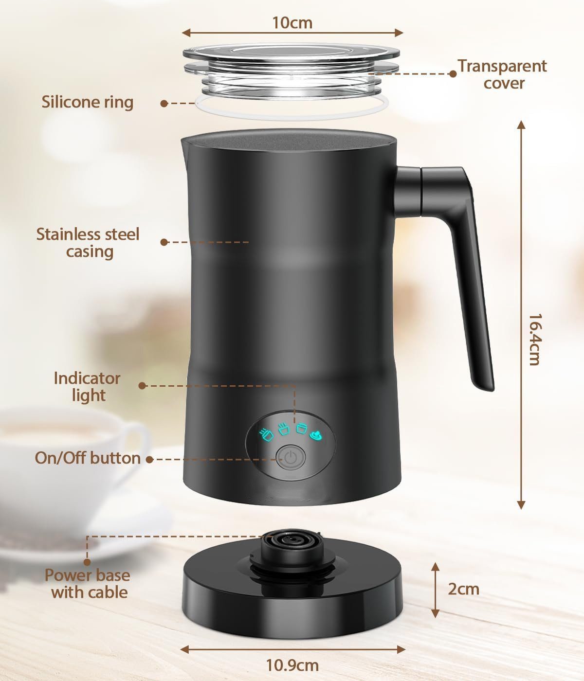 YUHRO Milchaufschäumer Elektrischer Milchaufschäumer, 4-in-1, erhitzt Milch, bietet Schaum., Antihaftbeschichtung, automatisch, für Milch, Kaffee, Schokolade.