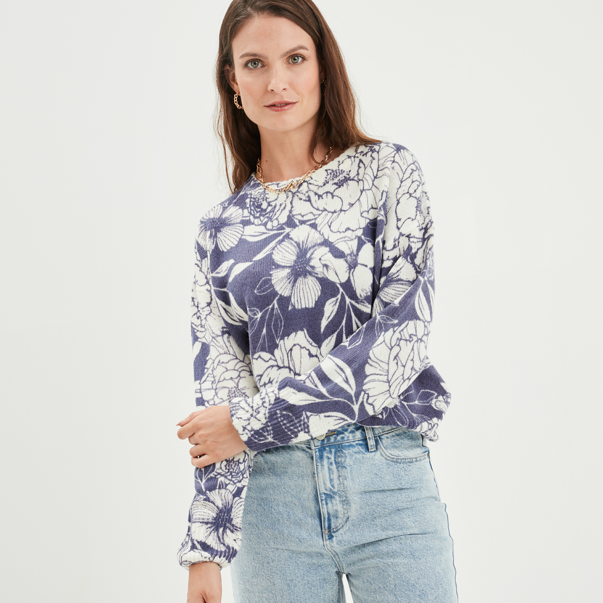 Pull col rond manches longues bleu femme | La Halle