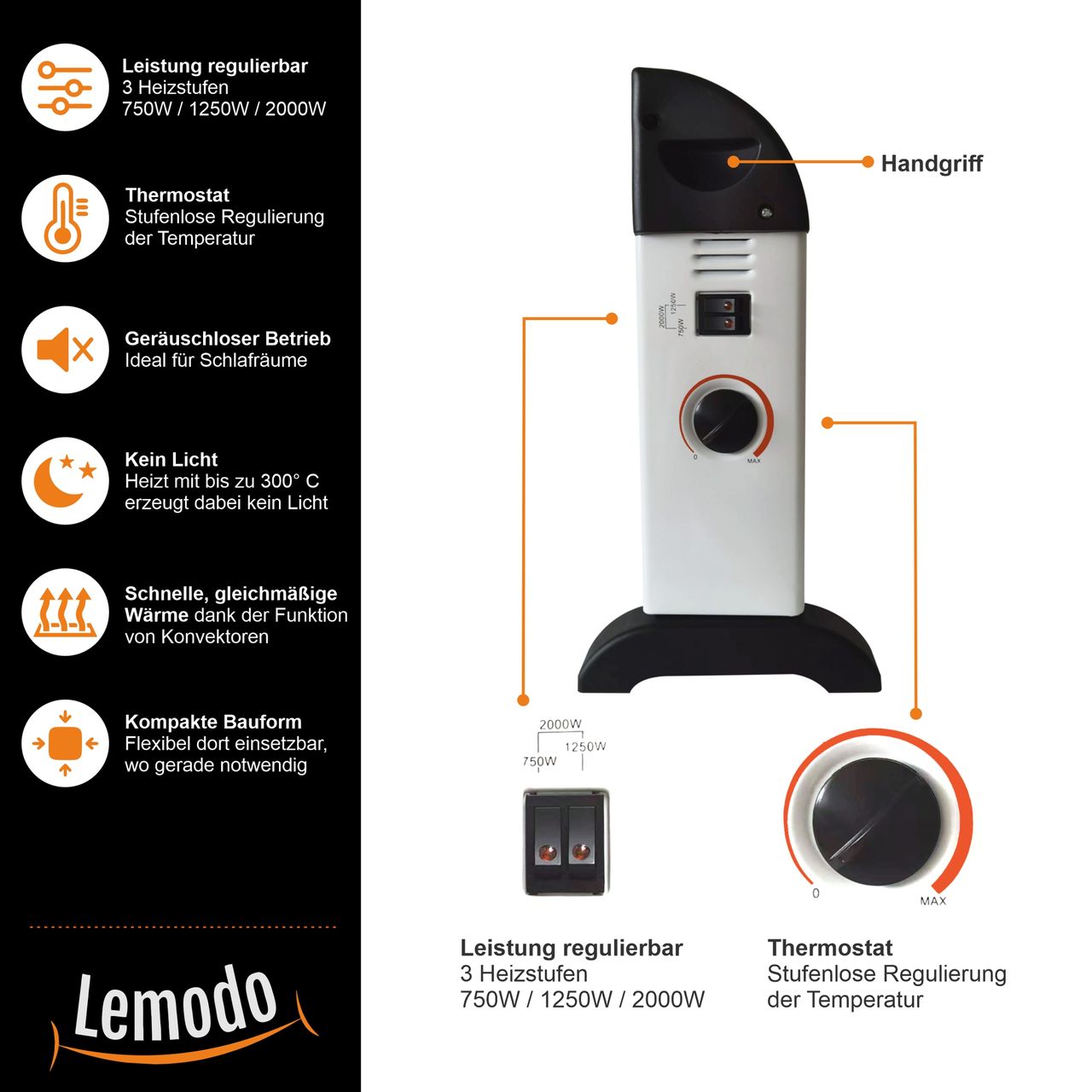 Lemodo Elektroheizung 2000W mit 3 Leistungsstufen