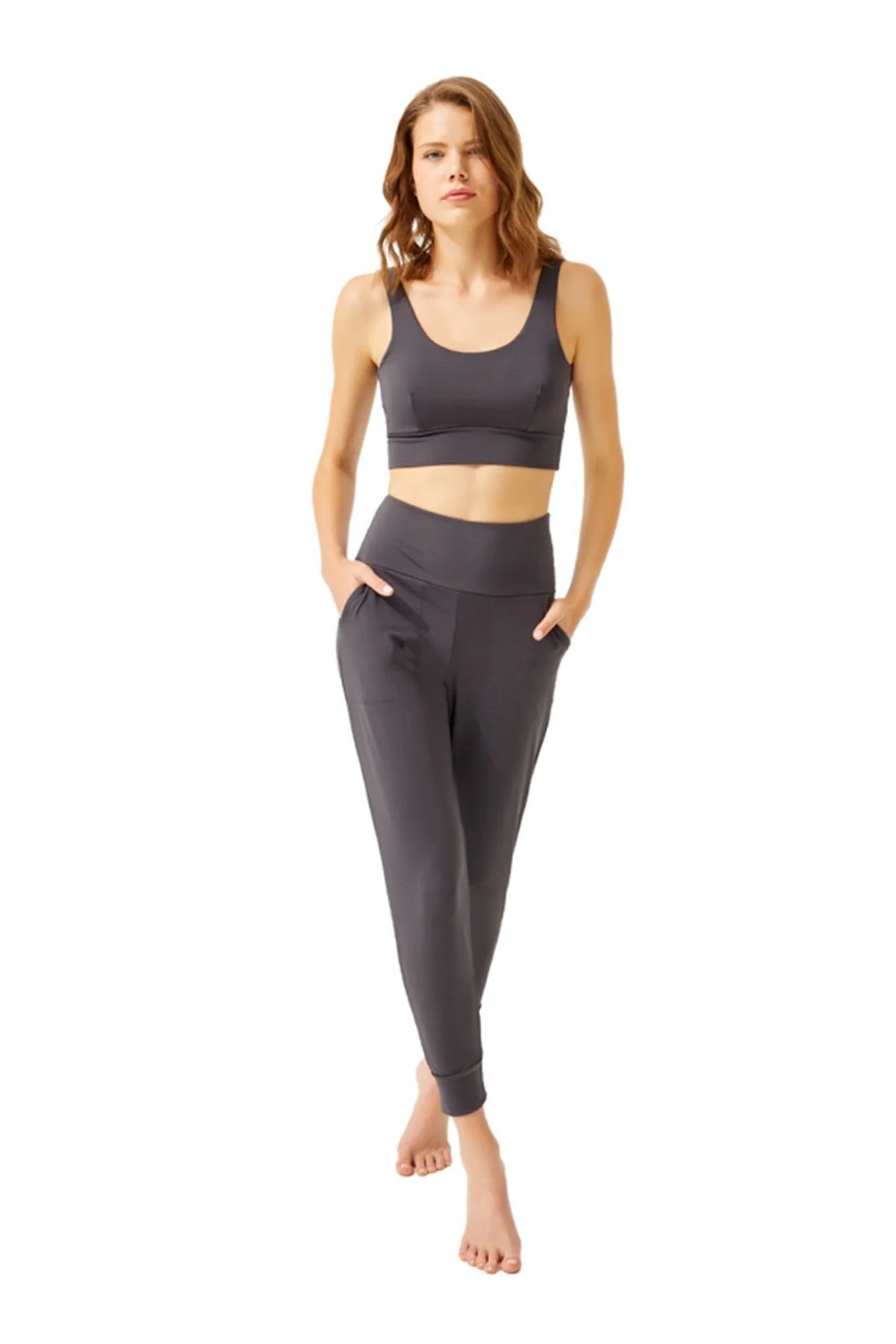 Cottonhill  Geräucherte Damen-Jogger-Jogginghose mit hoher Taille und doppelten Taschen
