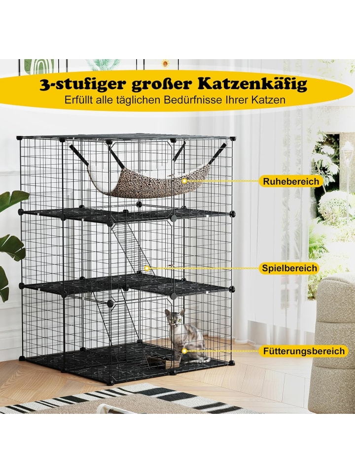 COSTWAY Katzenkäfig 3-stöckig 74 x 74 x 107 cm in Schwarz günstig kaufen onesize