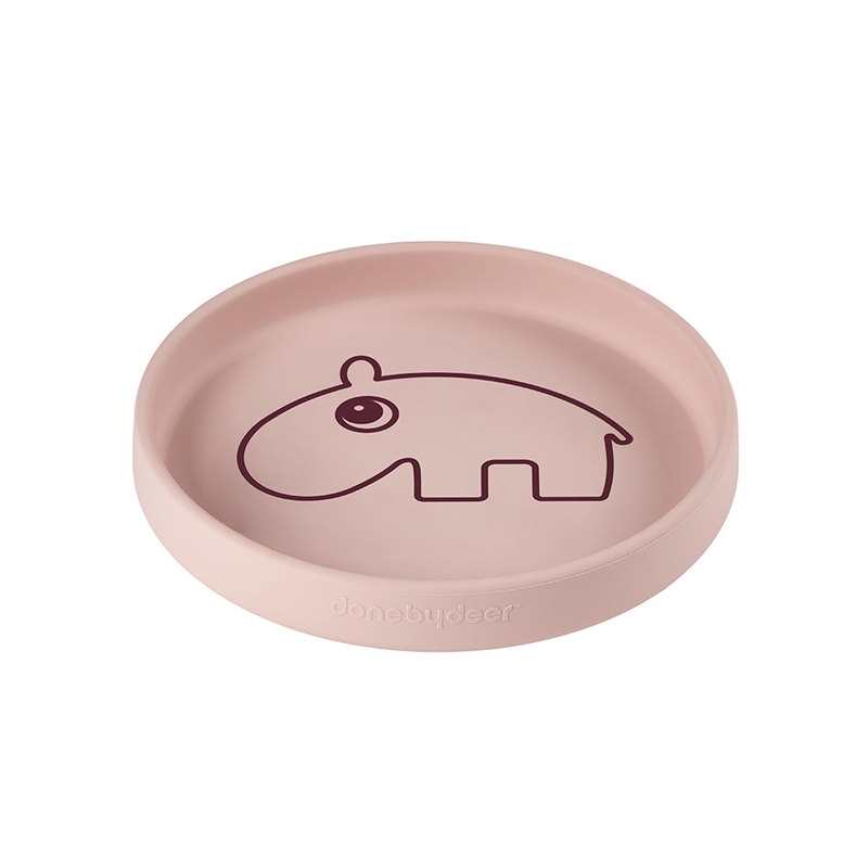 Assiette ronde antidérapante en silicone hippopotame rose Done By Deer