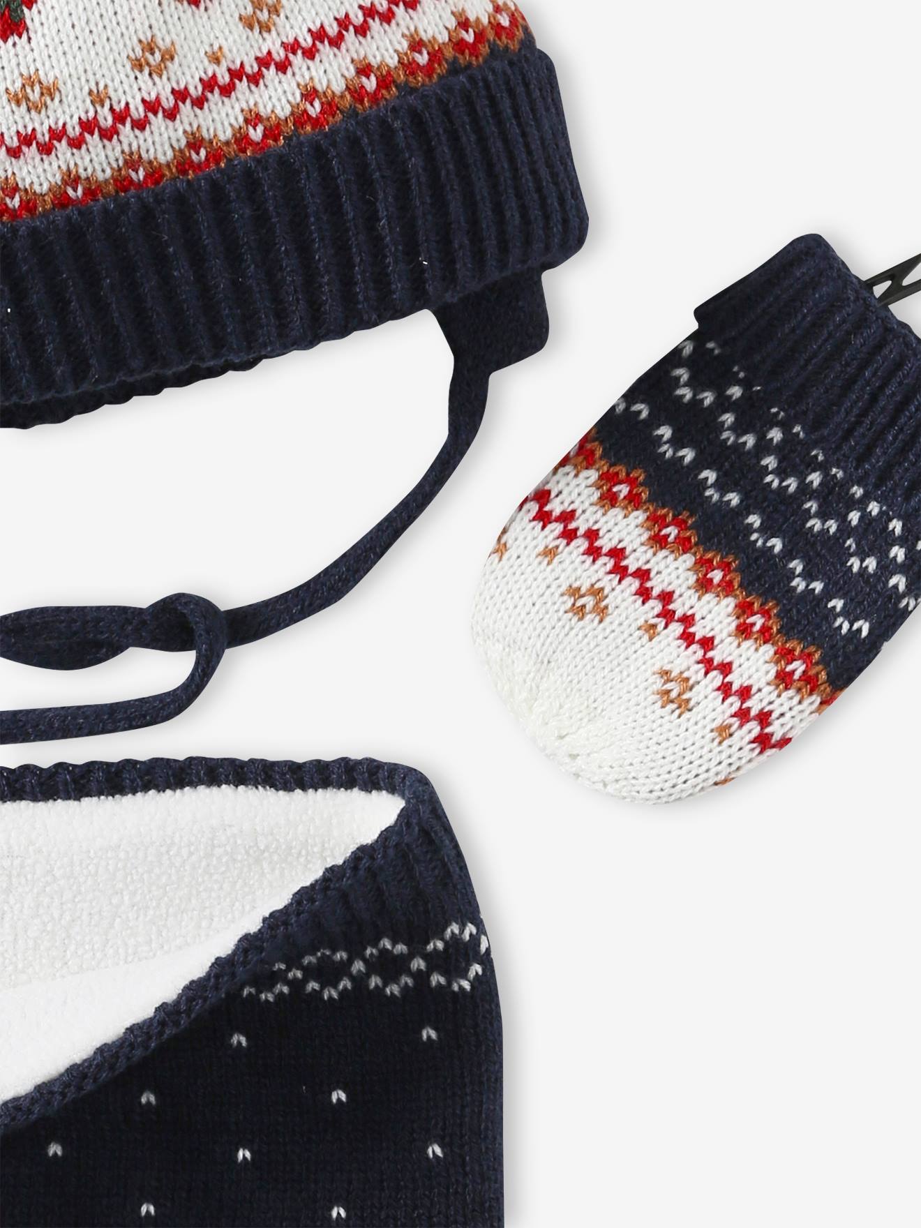 Vertbaudet Jungen Baby Weihnachts-Geschenkset: Mütze, Fäustlinge & Rundschal - marine