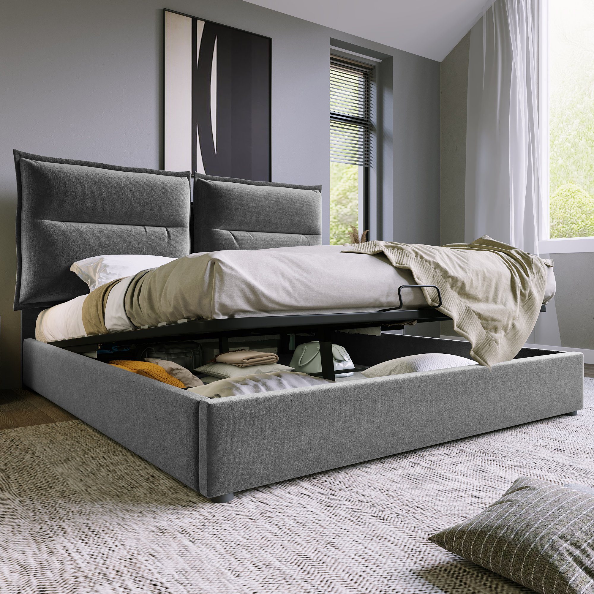 PHOEBE CAT Polsterbett (Hydraulisches Funktionsbett 140x200cm), Doppelbett mit Verstellbares Kopfteil und Stauraum, Bezug aus Samt