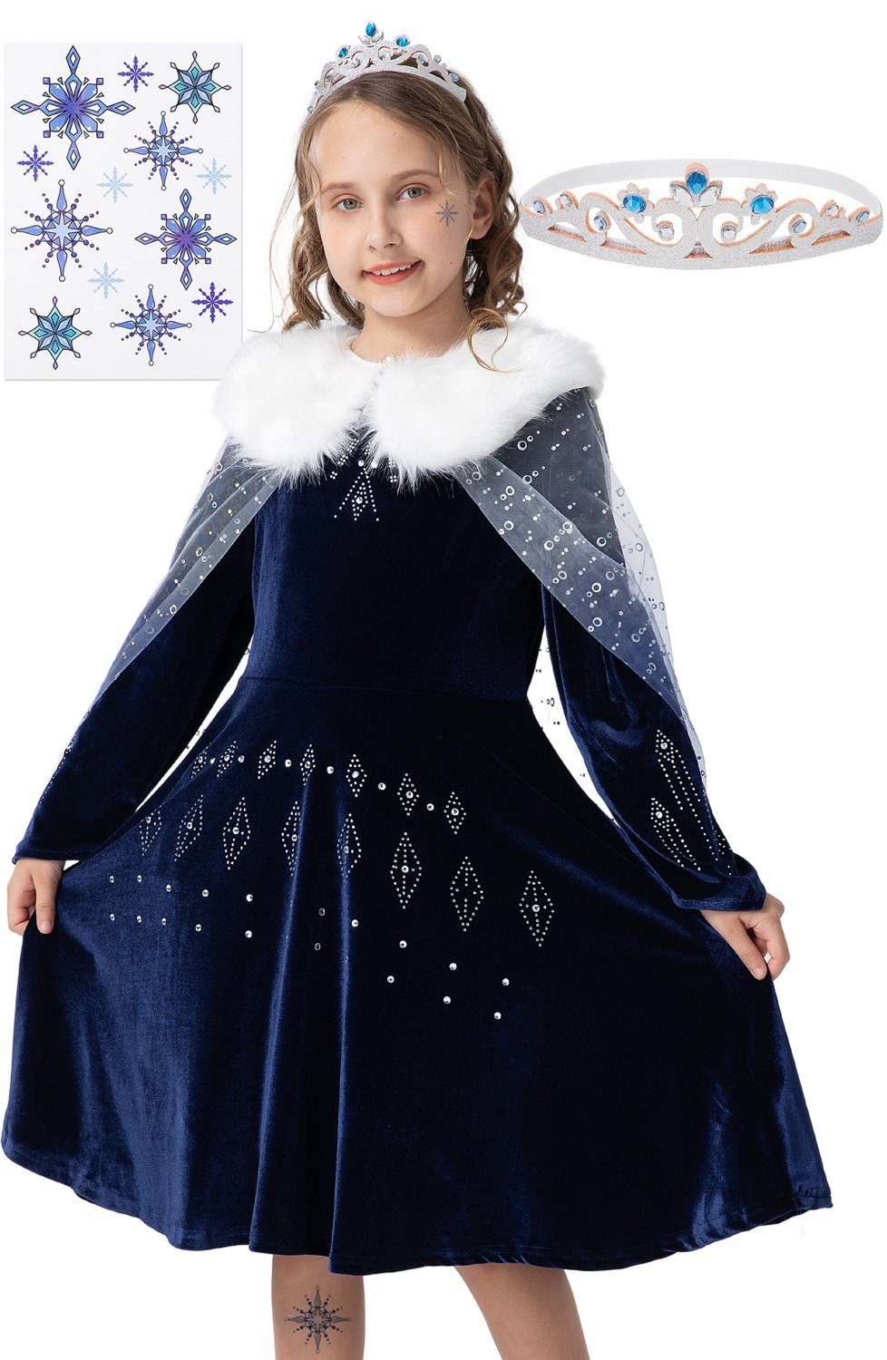 Corimori Prinzessin-Kostüm Elastisches Stella Eiskönigin Kostüm Kleid, mit Tattoos & Diadem, Prinzessinenkleid für Fasching, dunkel-blau