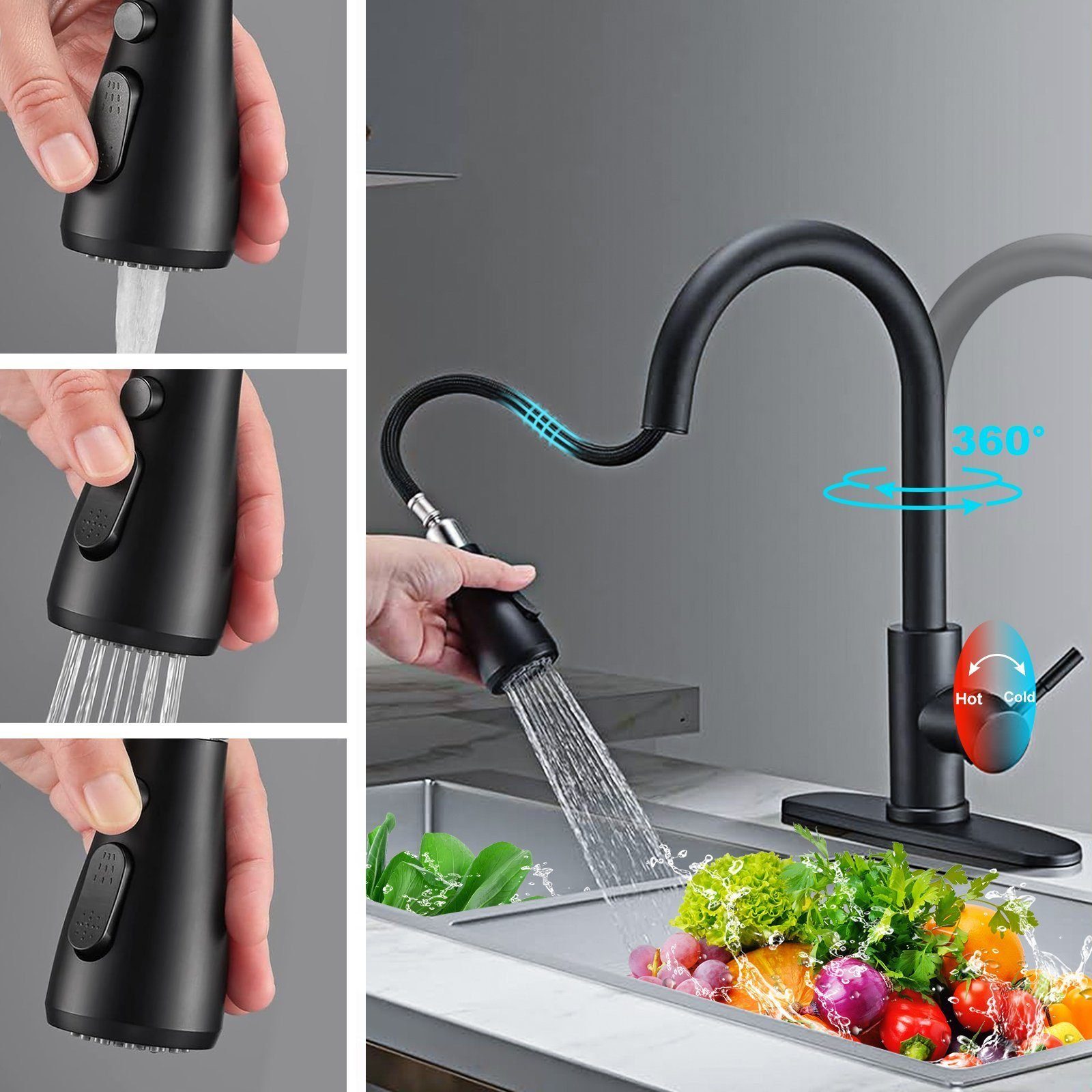 Tisoutec Waschtischarmatur Wasserhahn Bad Schwarz,Waschtischarmatur Waschbecken-Küchenarmatur (schwarz,mit Handbrause,Küchenarmatur,ausziehbar,Küchenarmatur,2 Strahlarten,360 Grad drehbar,Wasserhahn aus Edelstahl 304,Armatur mit Herausziehbar Brause