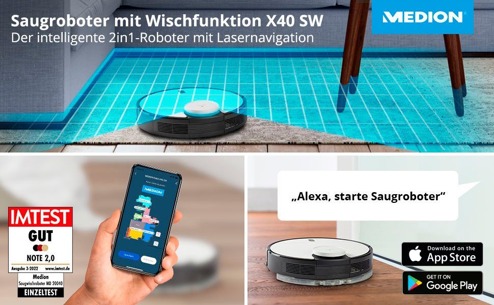 Medion® Nass-Trocken-Saugroboter MD 20040 X40 SW, 30 W, App und Alexa Steuerung, Betriebszeit bis zu 110 min