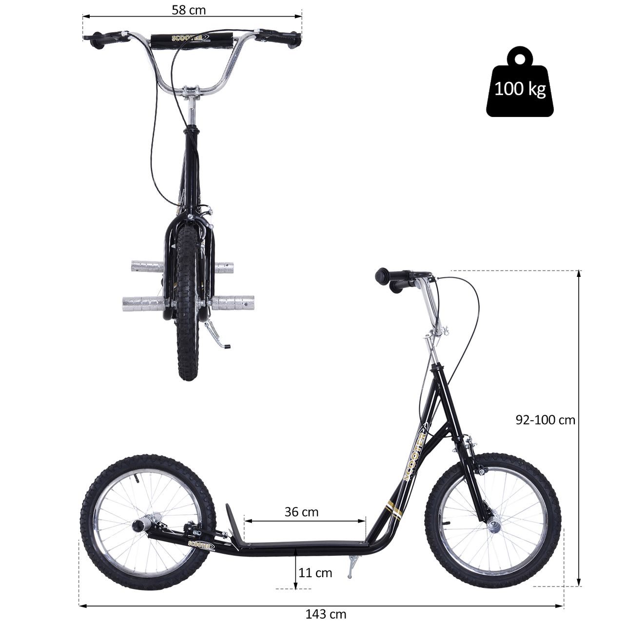 HOMCOM Kinderroller mit Luftreifen Scooter Tretroller Roller Cityroller Kinder Roller Kickboard ab 5 Jahre Kleinkind 16 Zoll Schwarz 143 x 58 x 92-100 cm