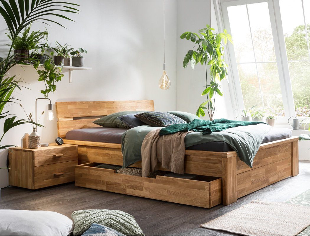 expendio Massivholzbett Cleo (Spar-Set, 3-tlg), Schubladenbett 200x200 Wildeiche mit 2 Schubladen inkl. 2x Nachttisch