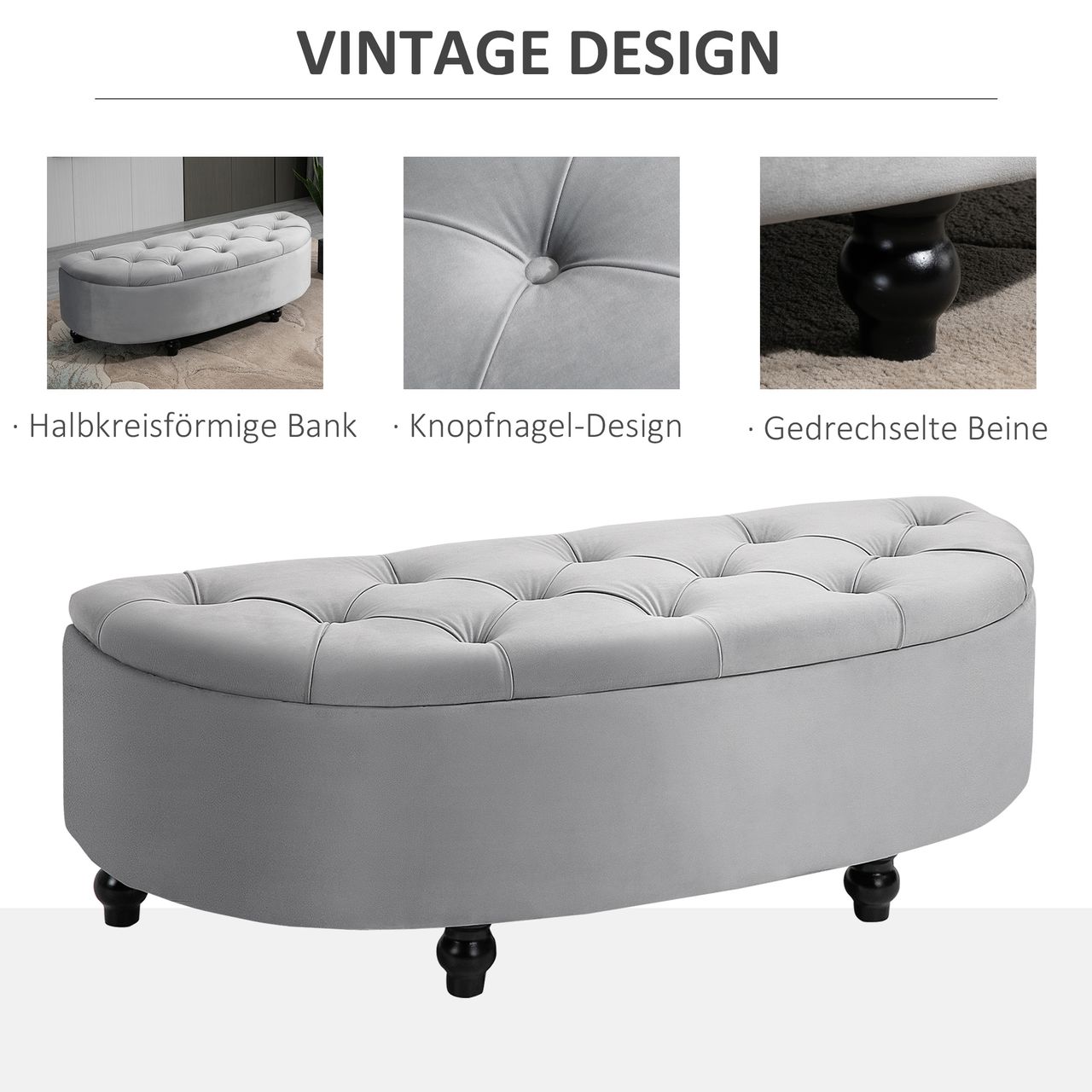 HOMCOM Sitzbank Sitzhocker Sitztruhe Aufbewahrungsbox Fußbank mit Stauraum geöffnetem Deckel für Schlafzimmer Velvet-Touch Gummiholz Grau 120 x 46 x 42 cm