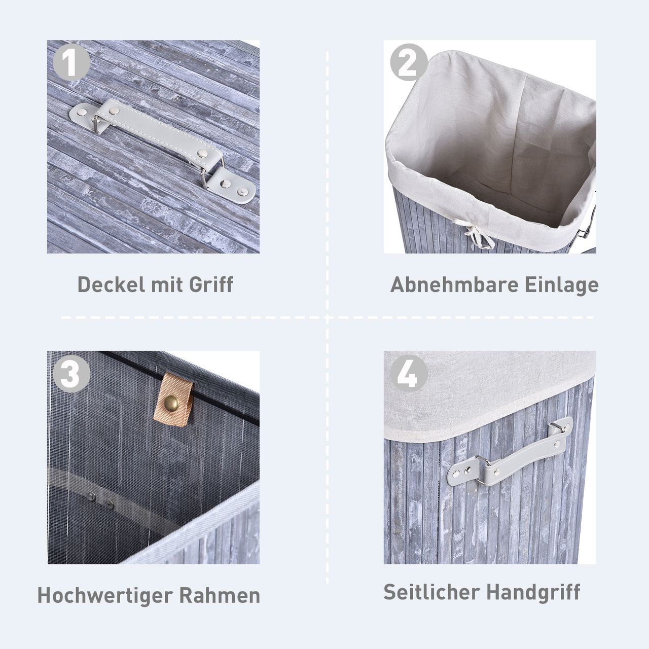 HOMCOM Wäschekorb, Wäschebox, Wäschesammler mit Deckel, Segeltuchsack, waschbarem Wäschesack, mit Griffen, Bambus , faltbar, 72L, Grau, 40 x 30 x 60 cm…