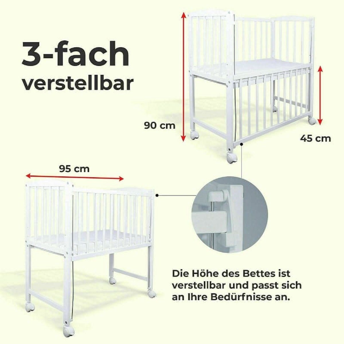 Babyhafen Beistellbett Stubenbett 3in1 Babybett mit Matratze Rollen, inkl. Matratze, Rollen