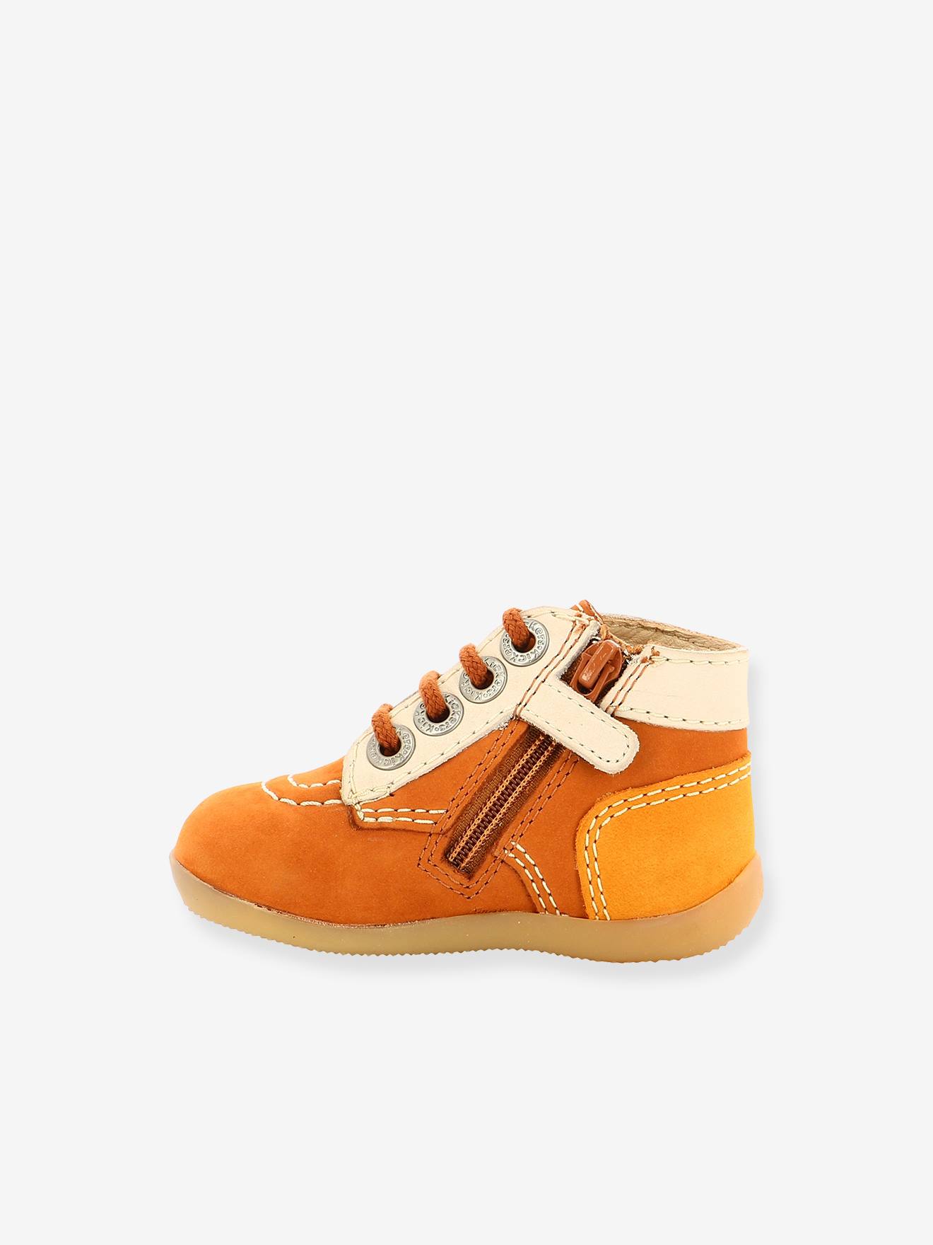 Bottillons cuir bébé Bonzip 2 KICKERS® 1ers pas camel jaune blanc