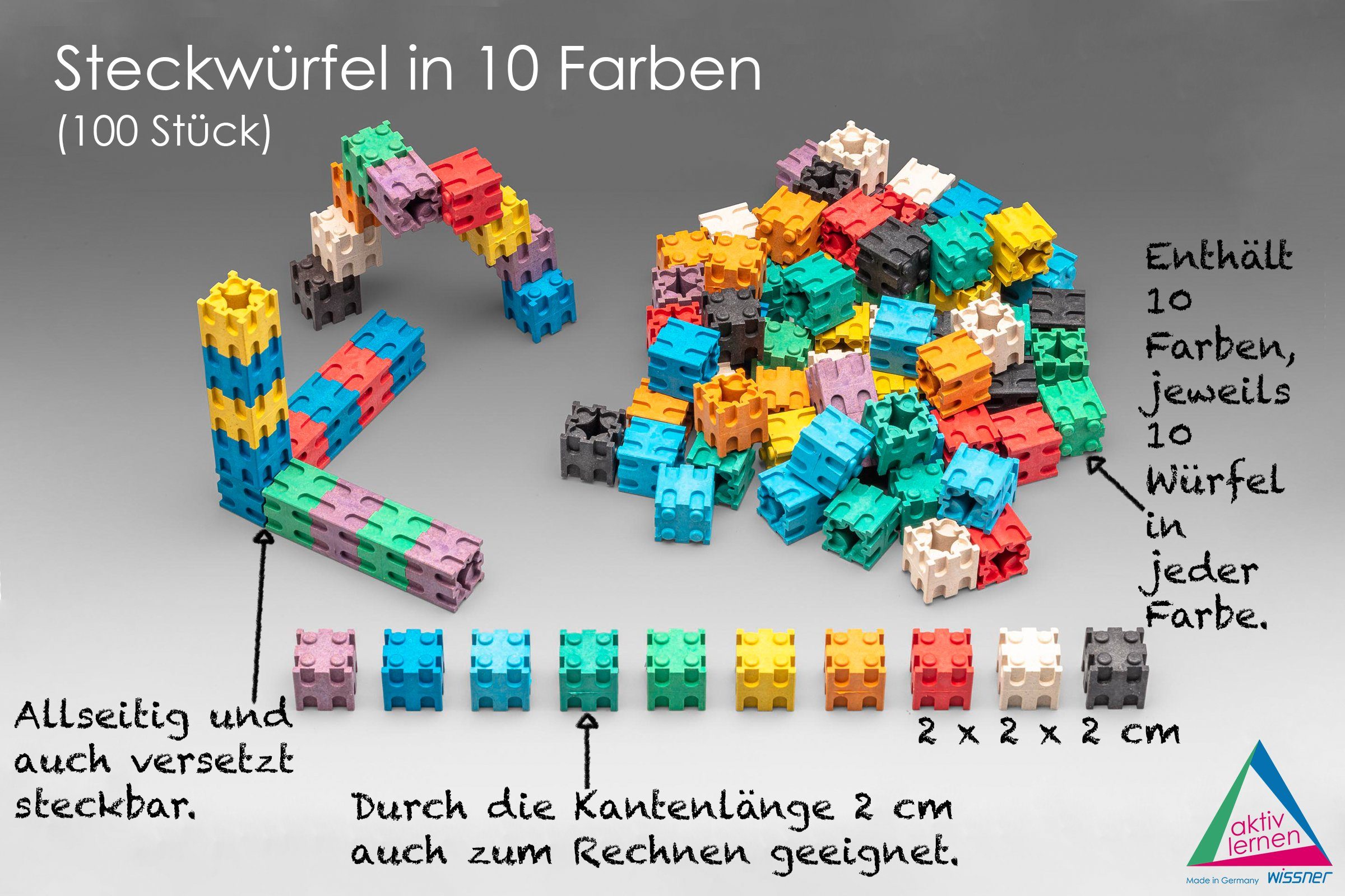 Wissner® aktiv lernen Lernspielzeug Steckwürfel in 10 Farben (100 Stück), RE-Wood® (100-St), RE-Wood®