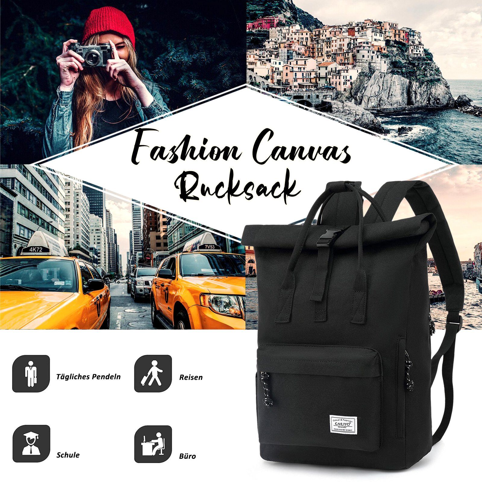 TAN.TOMI Cityrucksack Rucksack Damen Herren Tagesrucksack mit Laptopfach, Modern Rolltop Rucksack Daypack, Wasserdichter