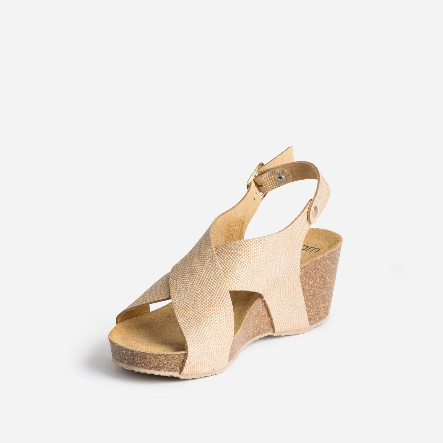 Sandale compensée anatomique beige doré en cuir embossé