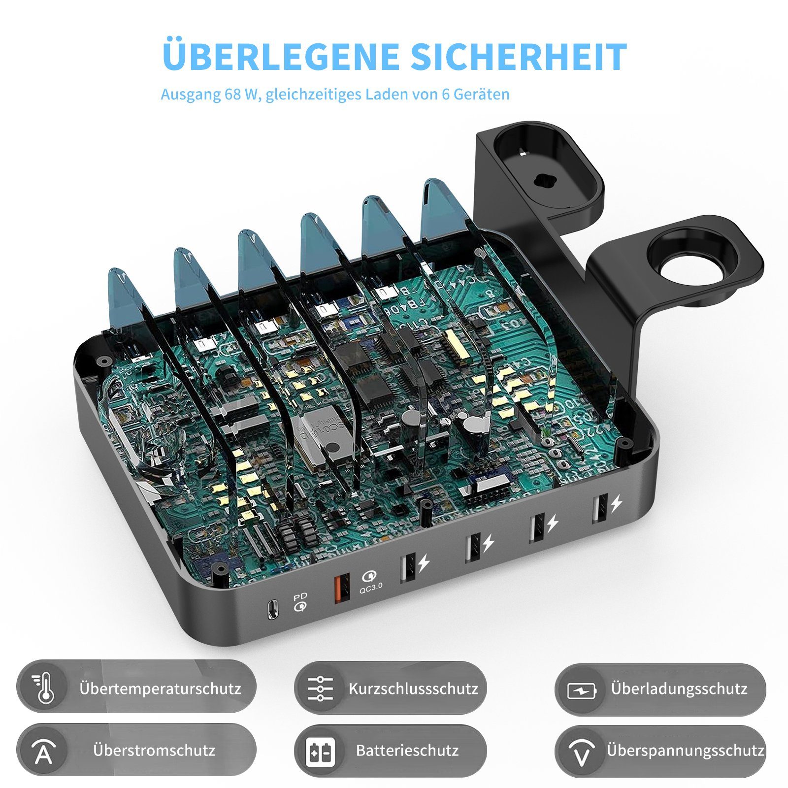 Yaviel Handy-Dockingstation Desktop Ladestation Geräte Multi Ladestation Mehrere Aufladestation, (Ladegerät USB C, Mobiltelefon Tablet Kopfhörer MP4 und andere USB-fähige Geräte), Handy Ladestation Mehrfach Ladebox mit 6 USB Ports 68W