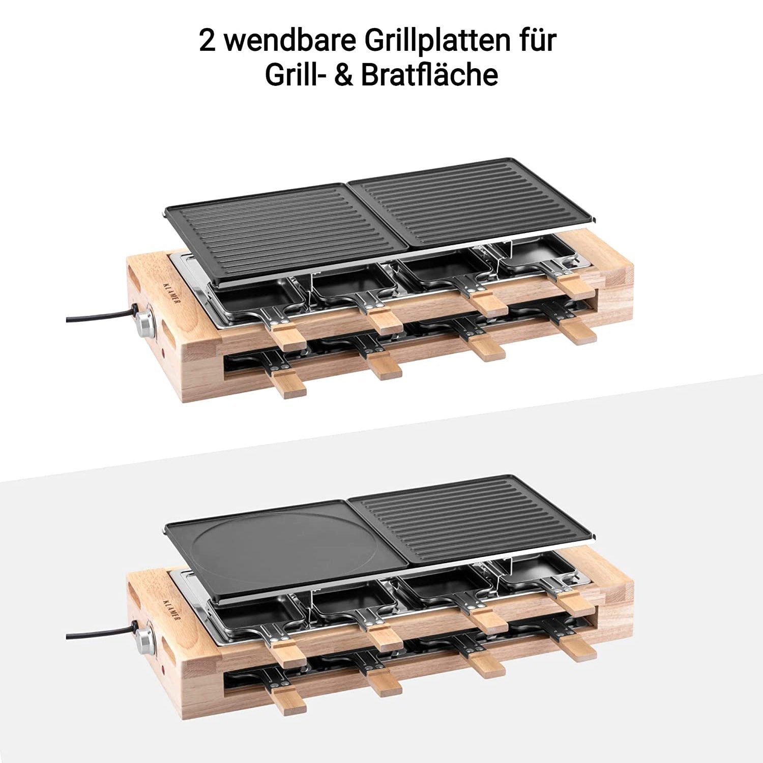 KLAMER Raclette KLAMER Raclette 8 Personen, 1500W Raclette Grill mit Holzgestell, Rac…