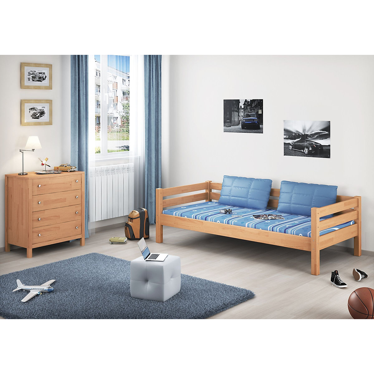 Etagenbett 90x200 Buche natur mit Rollrosten und Matratzen