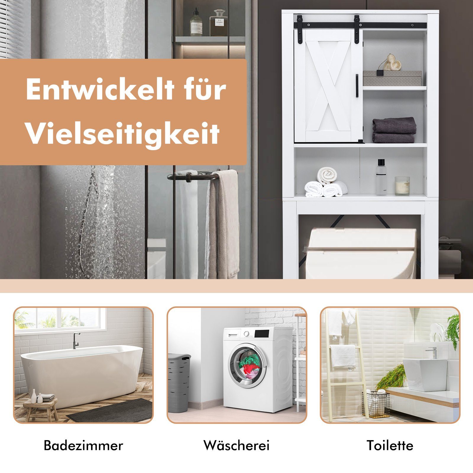 COSTWAY Waschmaschinenumbauschrank aus Holz,mit 3-Fach verstellbaren Regal