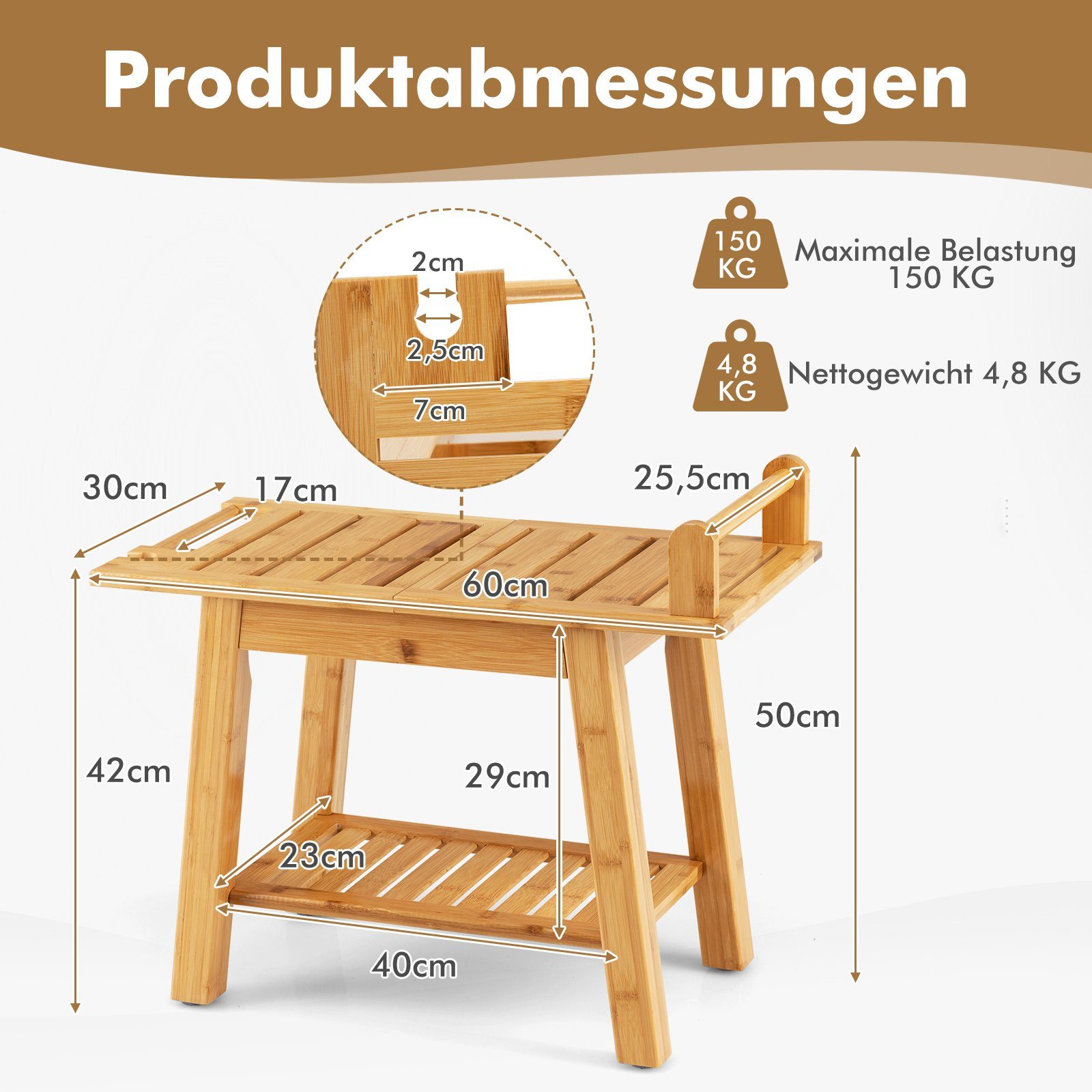 COSTWAY Duschhocker Badehocker, belastbar bis 150 kg, mit Griff, aus Bambus
