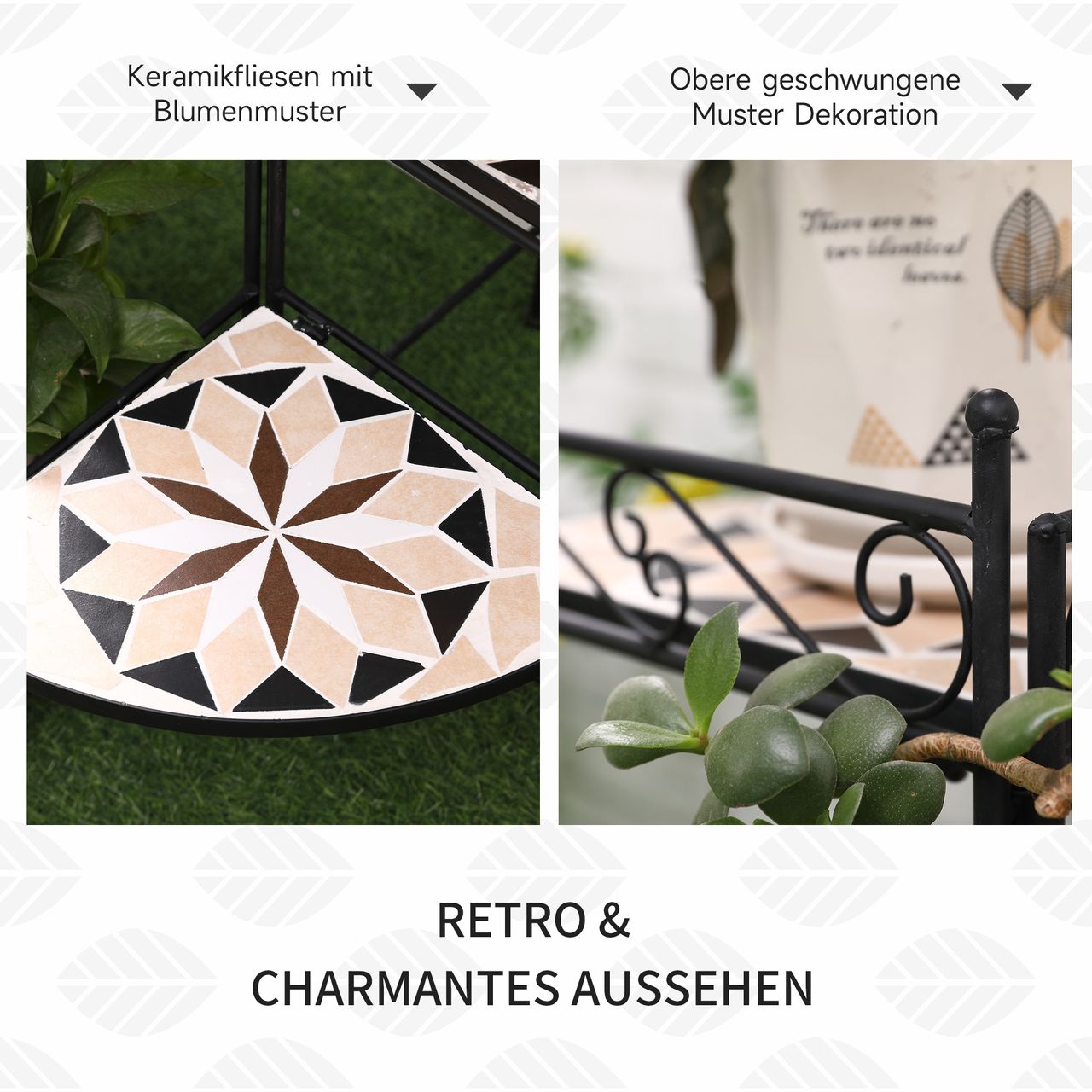 Outsunny Blumenständer 4-Stufe-Blumentreppe faltbar dekorative für Innen und Außen Garten Balkon Metall Keramikfliesen Schwarz Beige 64 x 64 x 72 cm