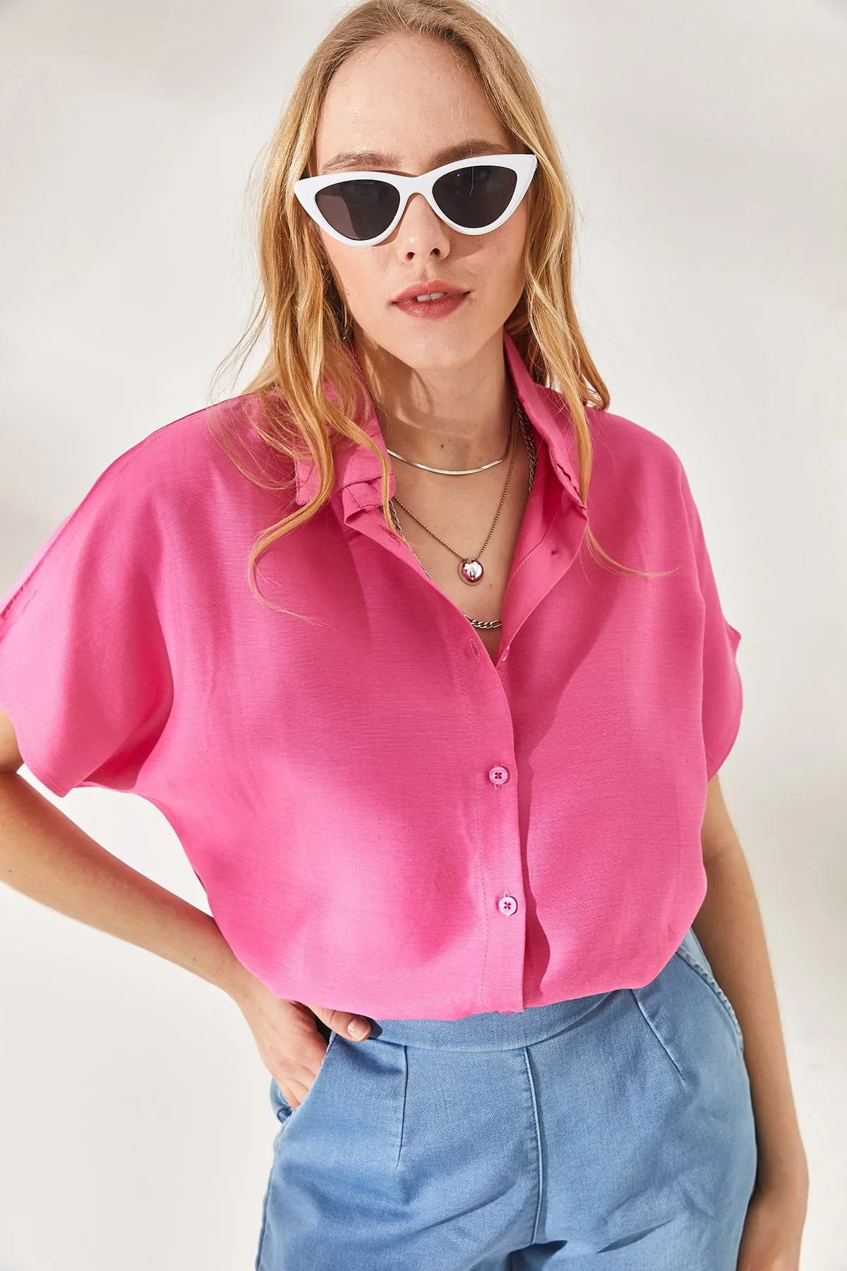 Olalook  Rosa Fledermaus-Übergröße-Leinenhemd für Damen GML-19001109