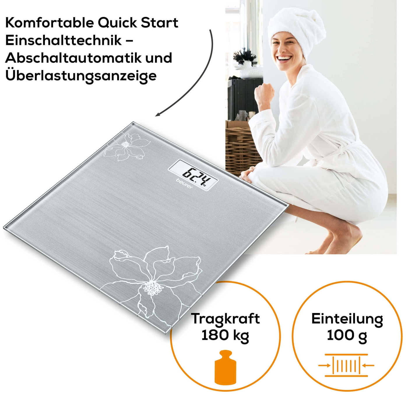 Beurer Glaswaage GS 10-Personenwaage aus Glas gut lesbarer LCD-Anzeige - bis 180 kg