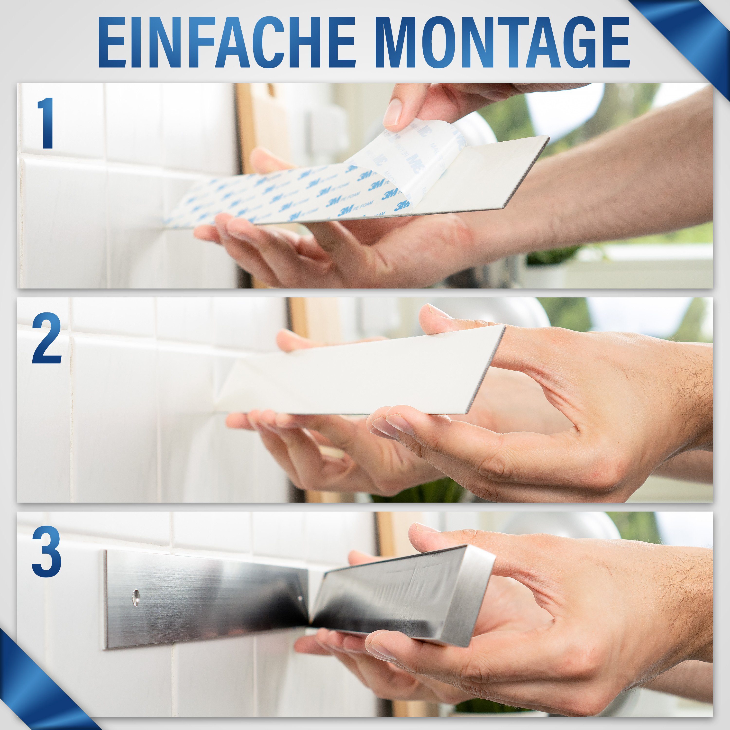 Exitoso Wand-Magnet Messer-Leiste 40 cm selbstklebend, Edelstahl Magnetleiste Messer - OHNE Bohren silber