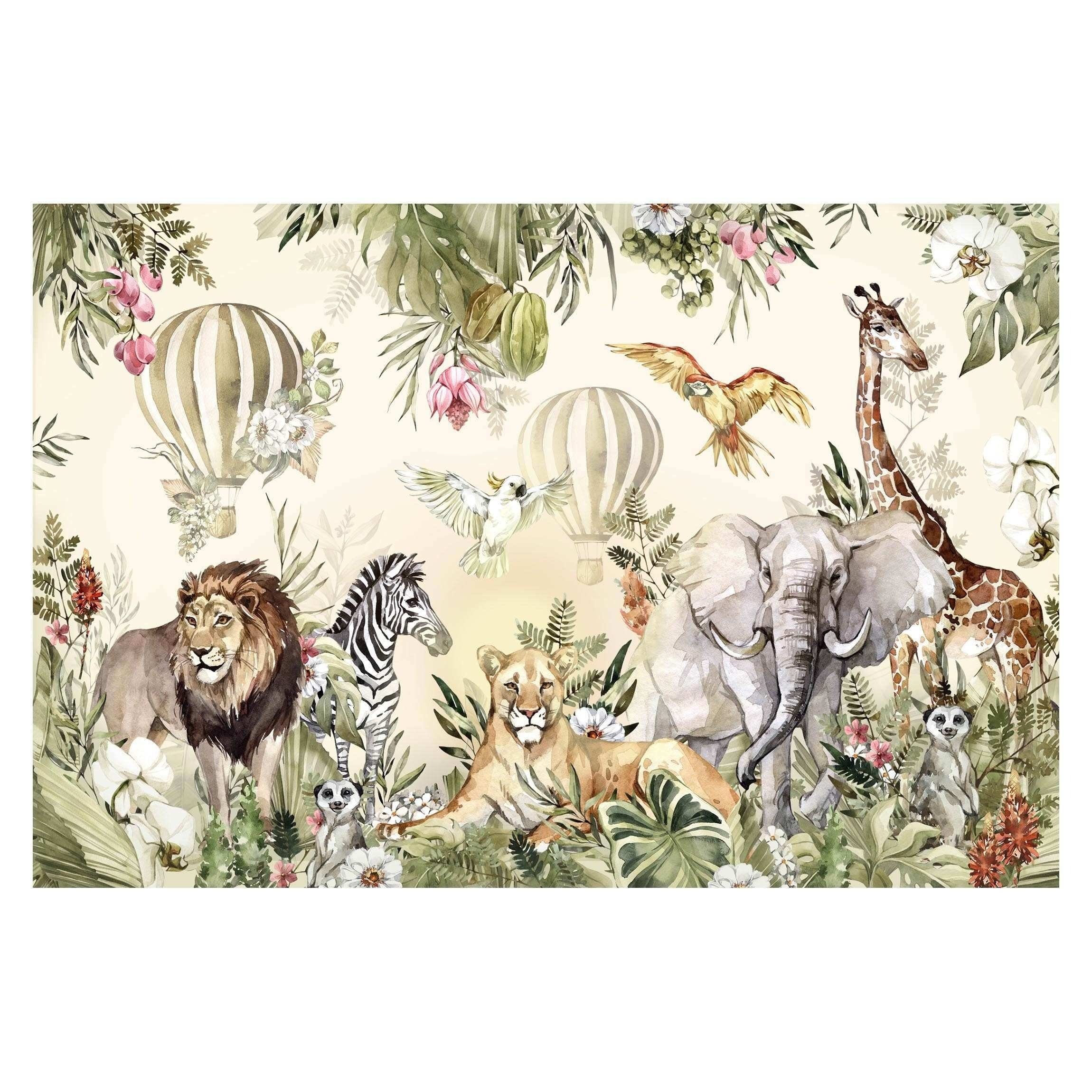 Bilderdepot24 Kindertapete Kinderzimmer Aquarell Tiere Ballon Dschungel Kinder Wanddeko, Glatt, Matt, (Inklusive Gratis-Kleister oder selbstklebend), Mädchenzimmer Jungenzimmer Babyzimmer Bildtapete Fototapete Wandtapete
