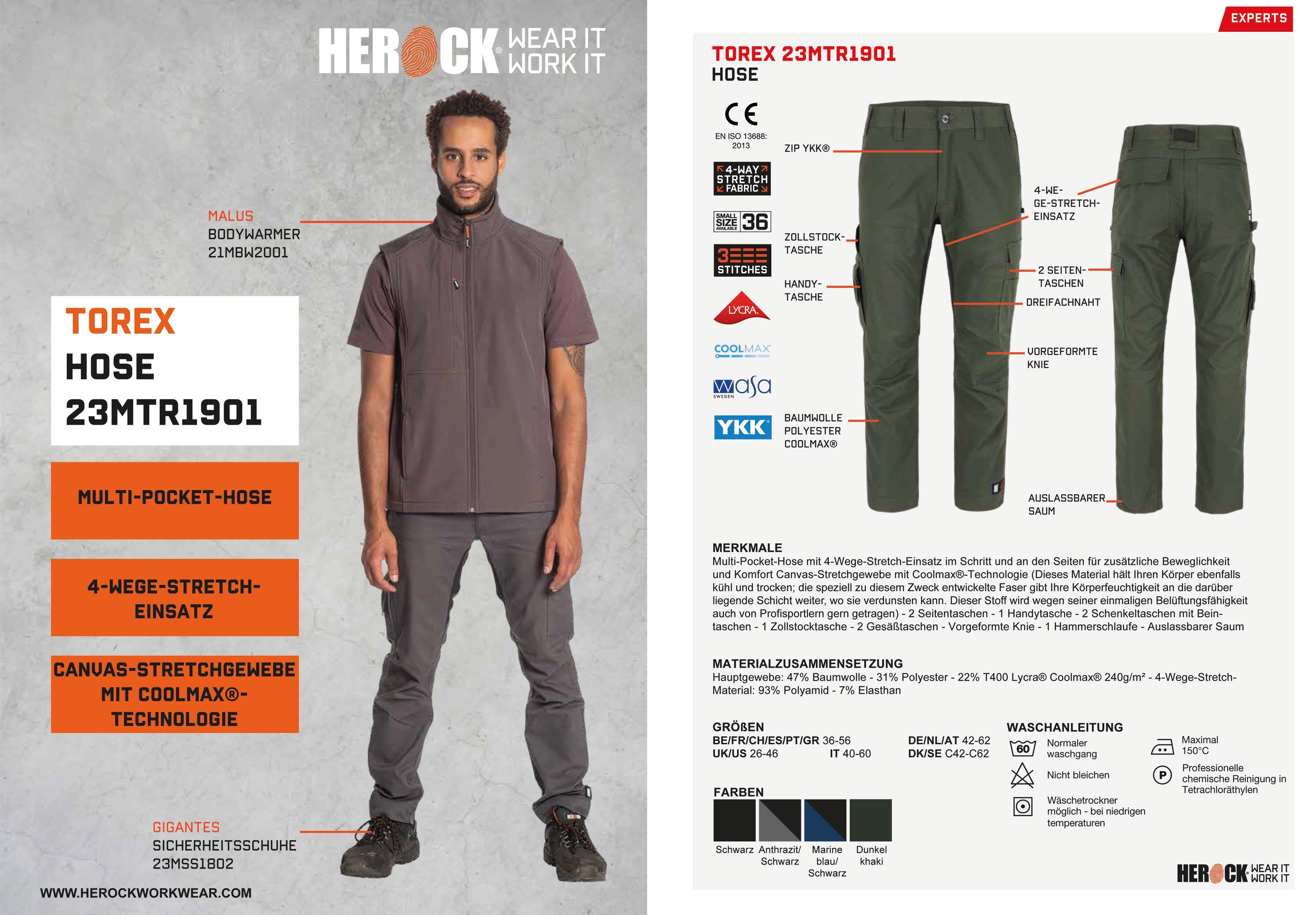 Herock Arbeitshose Torex Multi-Pocket, 4-Wege-Stretch, mit Coolmax®-Technologie