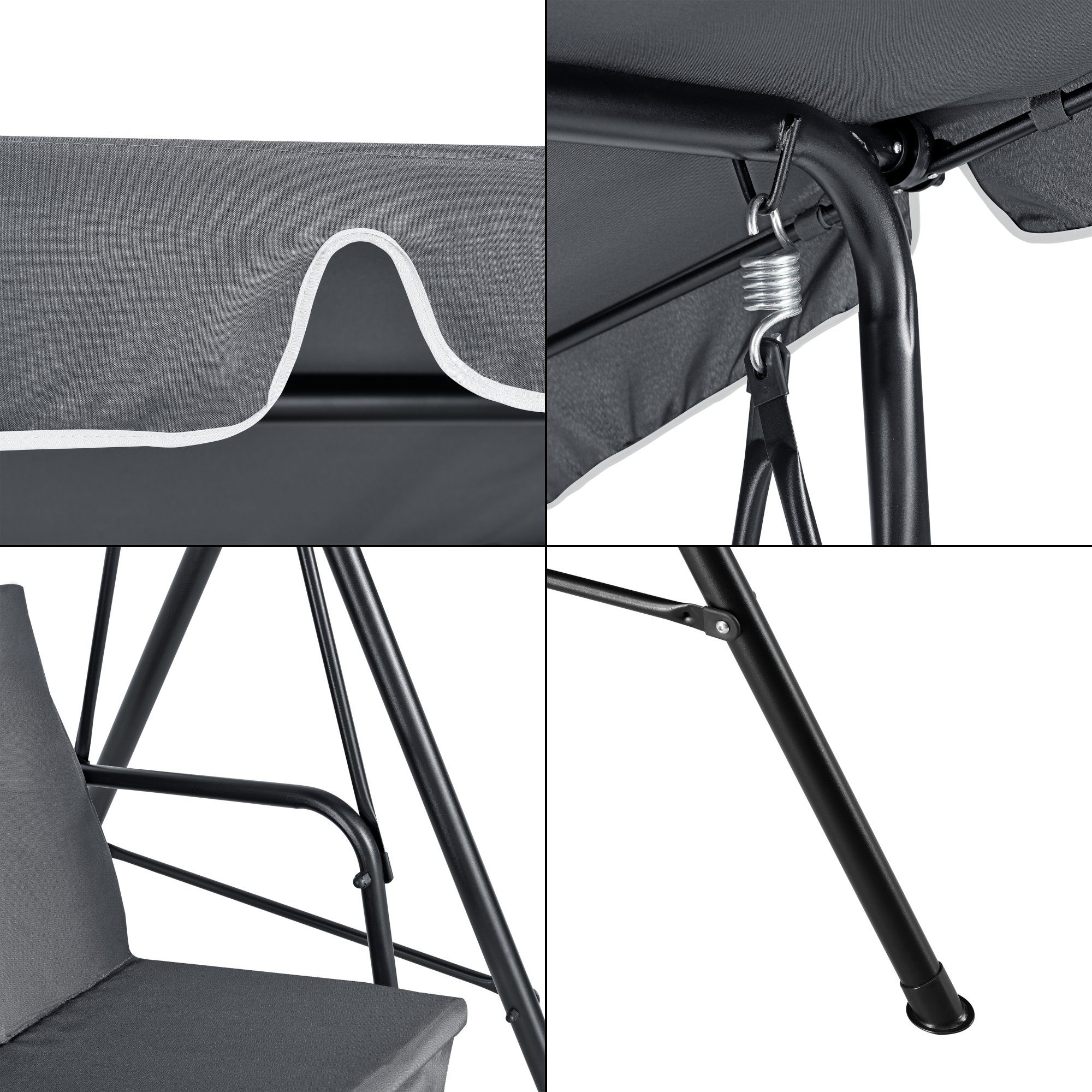 en.casa Hollywoodschaukel, 3-Sitzer, verstellbares und abnehmbares Sonnendach, Gartenschaukel 3-Sitzer 270kg Dunkelgrau