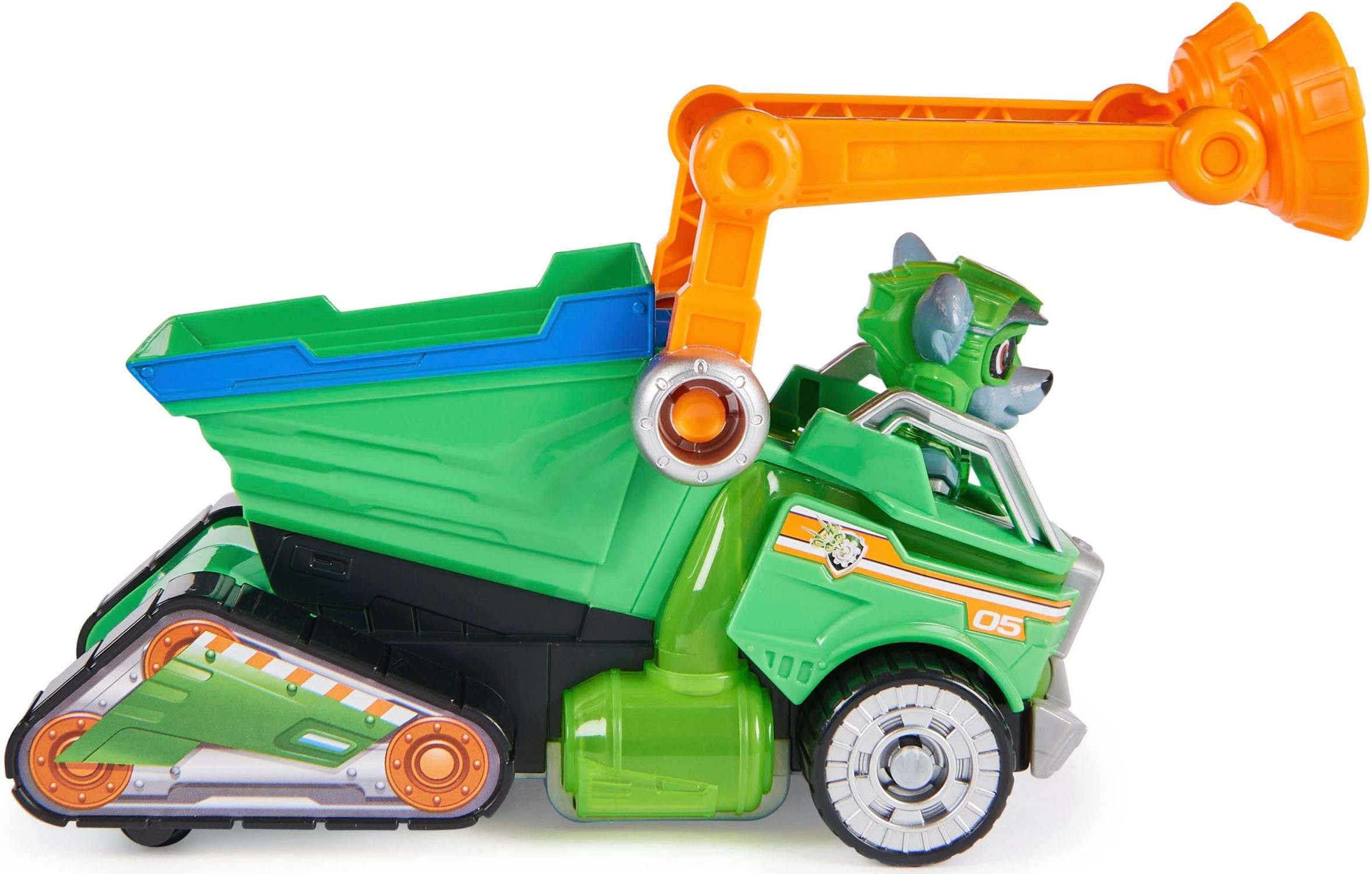 Spin Master Spielzeug-Auto PAW Patrol, Der Mighty Kinofilm: Superhelden-Basis-Fahrzeug von Rocky, Mülltransporter mit Welpenfigur, Licht- und Soundeffekt