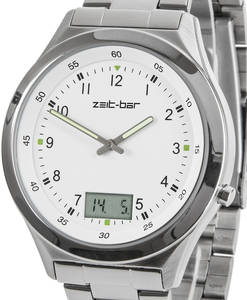 Zeit-Bar Funk-Armbanduhr mit Datums- und Sekundenanzeige, Edelstahl-Uhrband