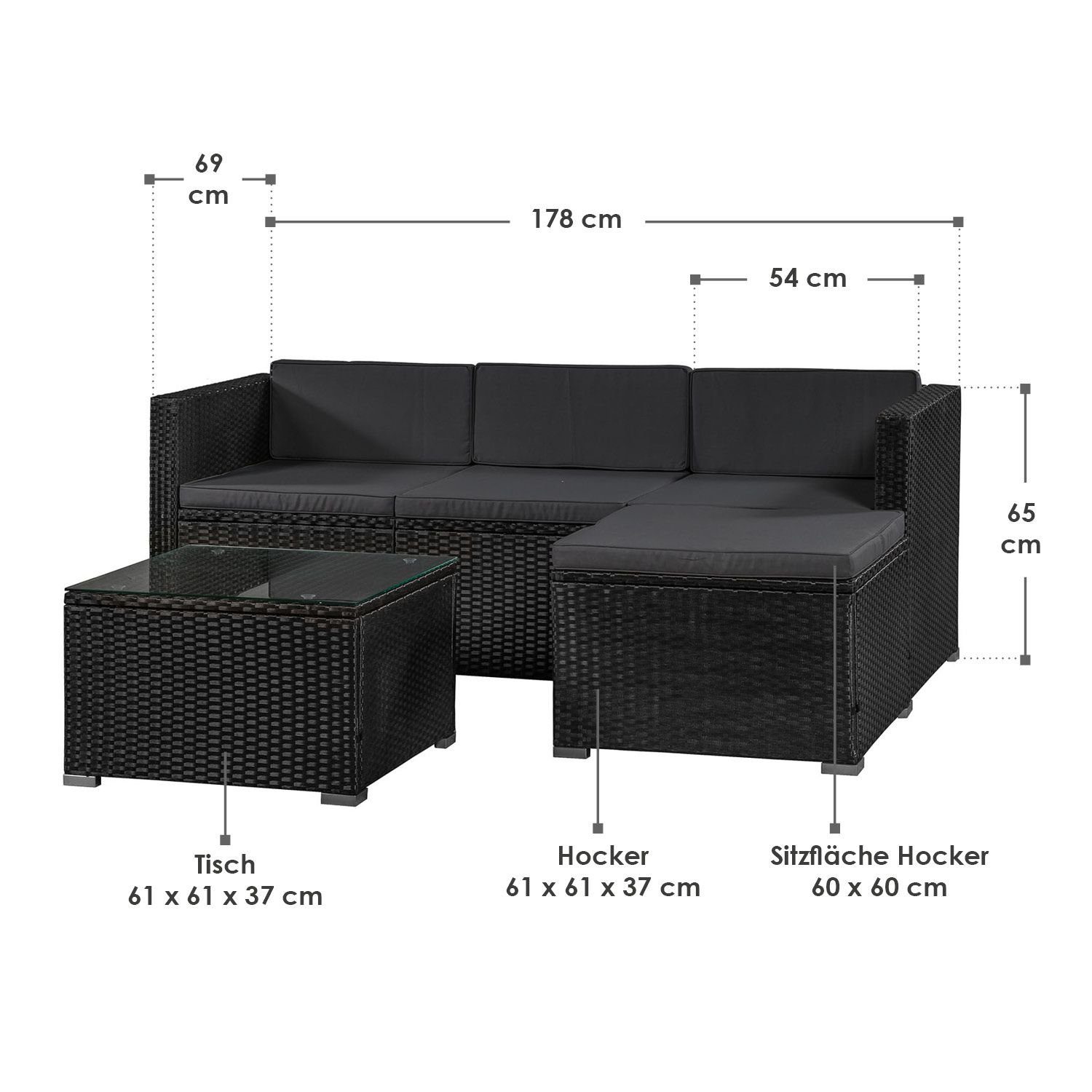 Juskys Gartenlounge-Set Punta Cana, (Set, Sitzgruppe), Polyrattan Sitzgarnitur mit 1 Tisch, 1 Sofa und 1 Hocker