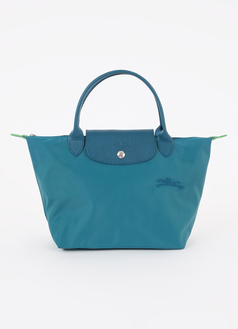 Geantă verde Longchamp Le Pliage, mărimea S, cu detalii din piele.