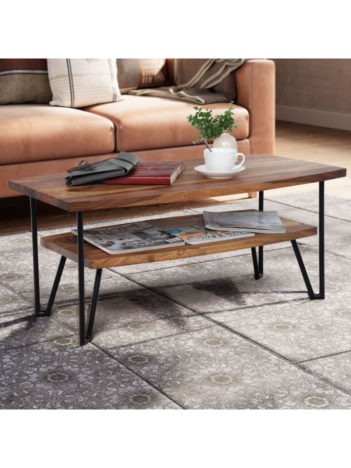 KADIMA DESIGN Couchtisch 90x50x40 cm Massivholz / Metall Sofatisch günstig kaufen onesize